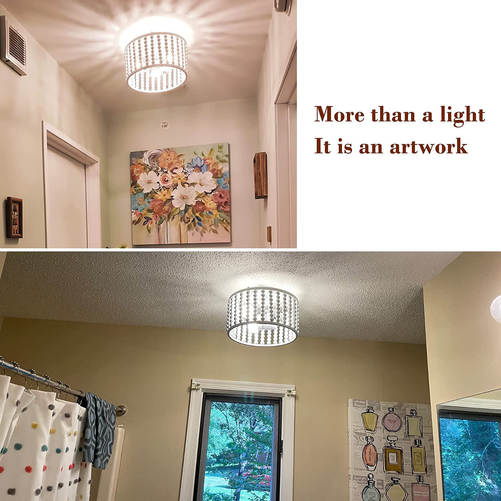 Wood Beaded Boho Chandelier Light Fixture, Semi Flush Mount Ceiling Light 3-Light Rustic Nursery Close to Ceiling Light for Bedroom Kitchen, Living Room, Oak White, E26 Base