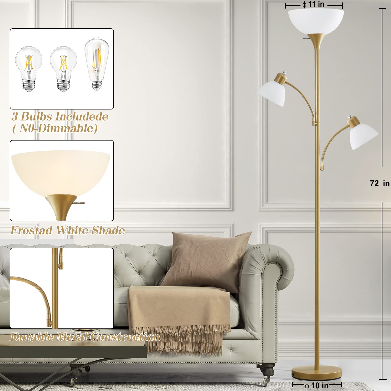 Floor Lamps for Living Room, 72" Tall Standing Lamps, Torchiere Lamp with 8W Adjustable Reading Lights, Modern Bright Floor Lamp for Bedroom, Office, Dresser, Gold&White, Bulbs Included