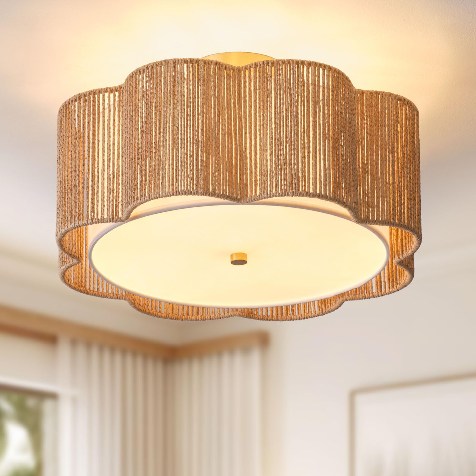 Rattan Ceiling Light Fixtures Flush Mount,3-Light Boho Light Fixtures Ceiling Mount for Bedroom,Close to Ceiling Light Modern Rattan Chandelier Lighting for Hallway Kitchen Dining Room(Yellow)