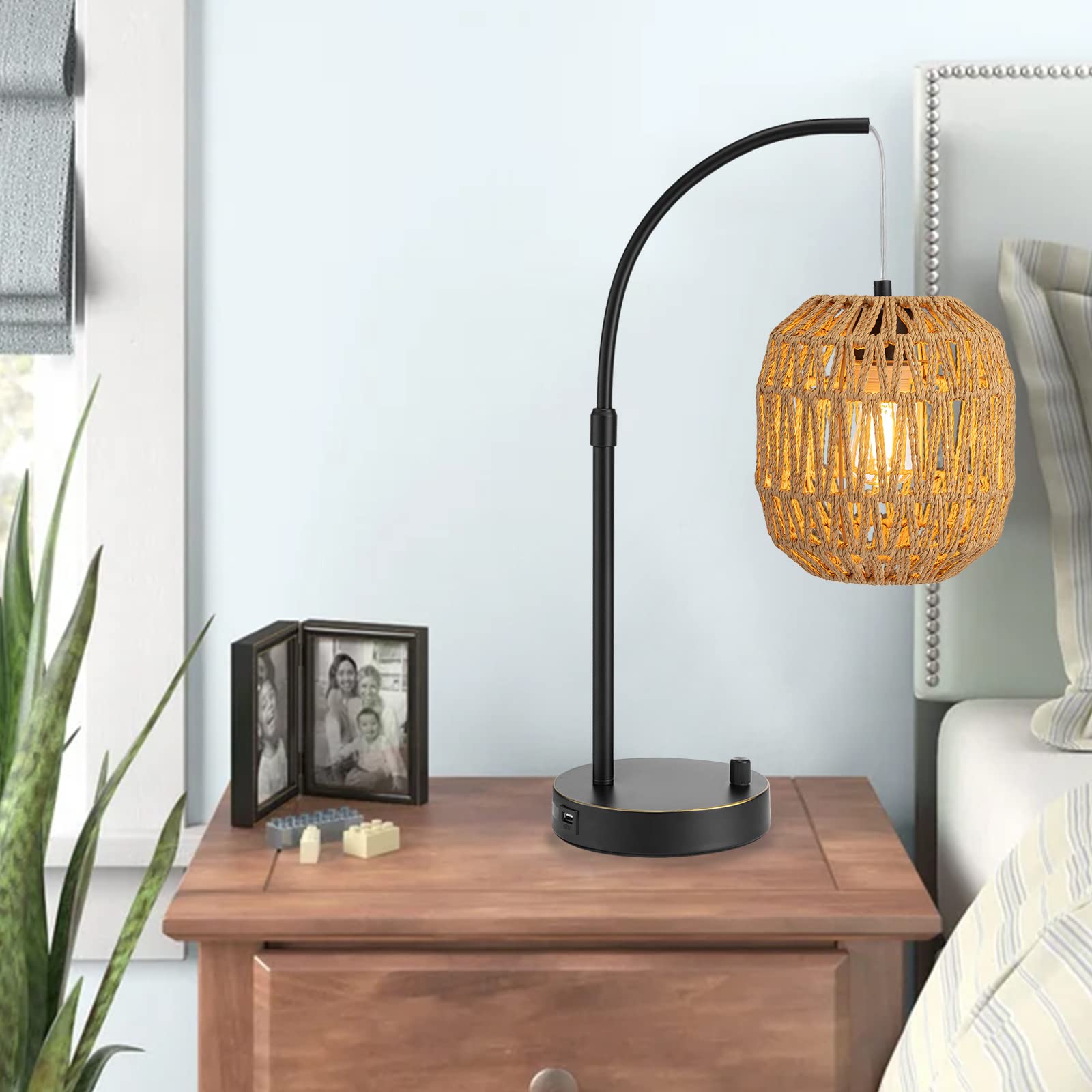 Tall Industrial Table Lamp for Bedroom with USB Port, Charging Farmhouse Coastal Lamps Black with Rattan Lamp Shade Edison Bedside Nightstand Lamp Boho Side Table Desk Lamps for Home Office