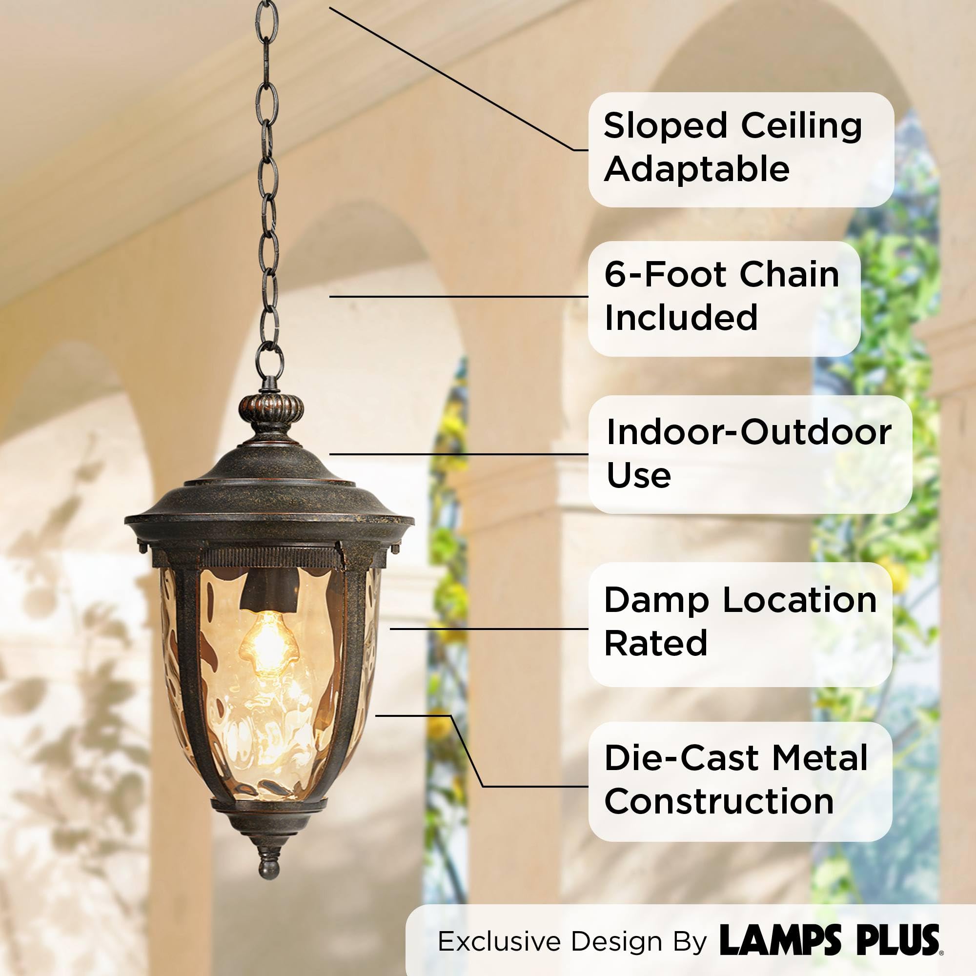 European Outdoor Ceiling Light Hanging Bronze Brown 18" Champagne Hammered Glass Damp Rated for Exterior House Porch Patio Outside Deck Garage Front Door Garden Home