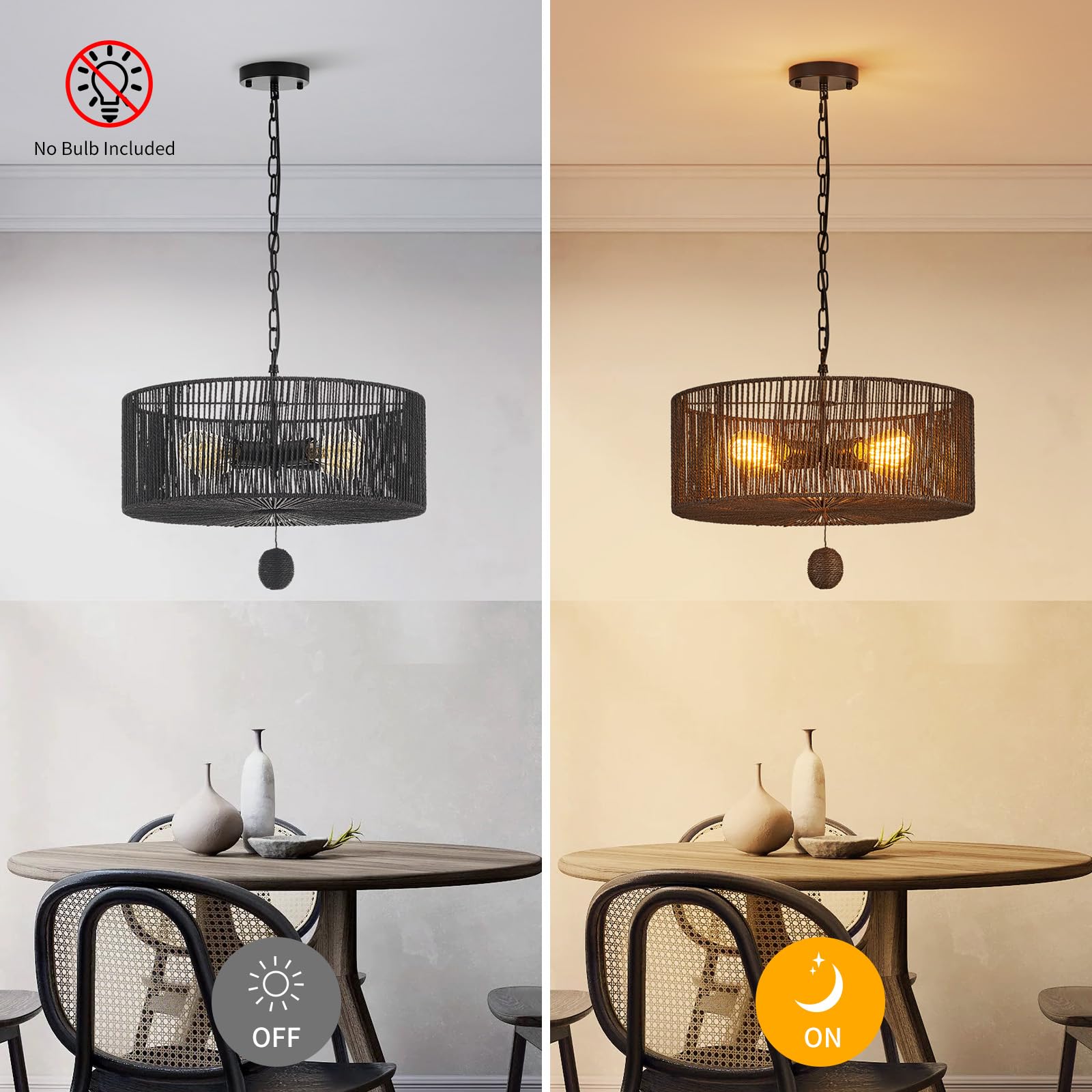 Hand-Woven Rattan Chandelier Vintage Farmhouse Boho Bamboo Chandelier Light Fixture Rustic Retro 5-Lights Drum Wicker Rattan Black Chandelier for Dining Room, Kitchen, Living Room, E12