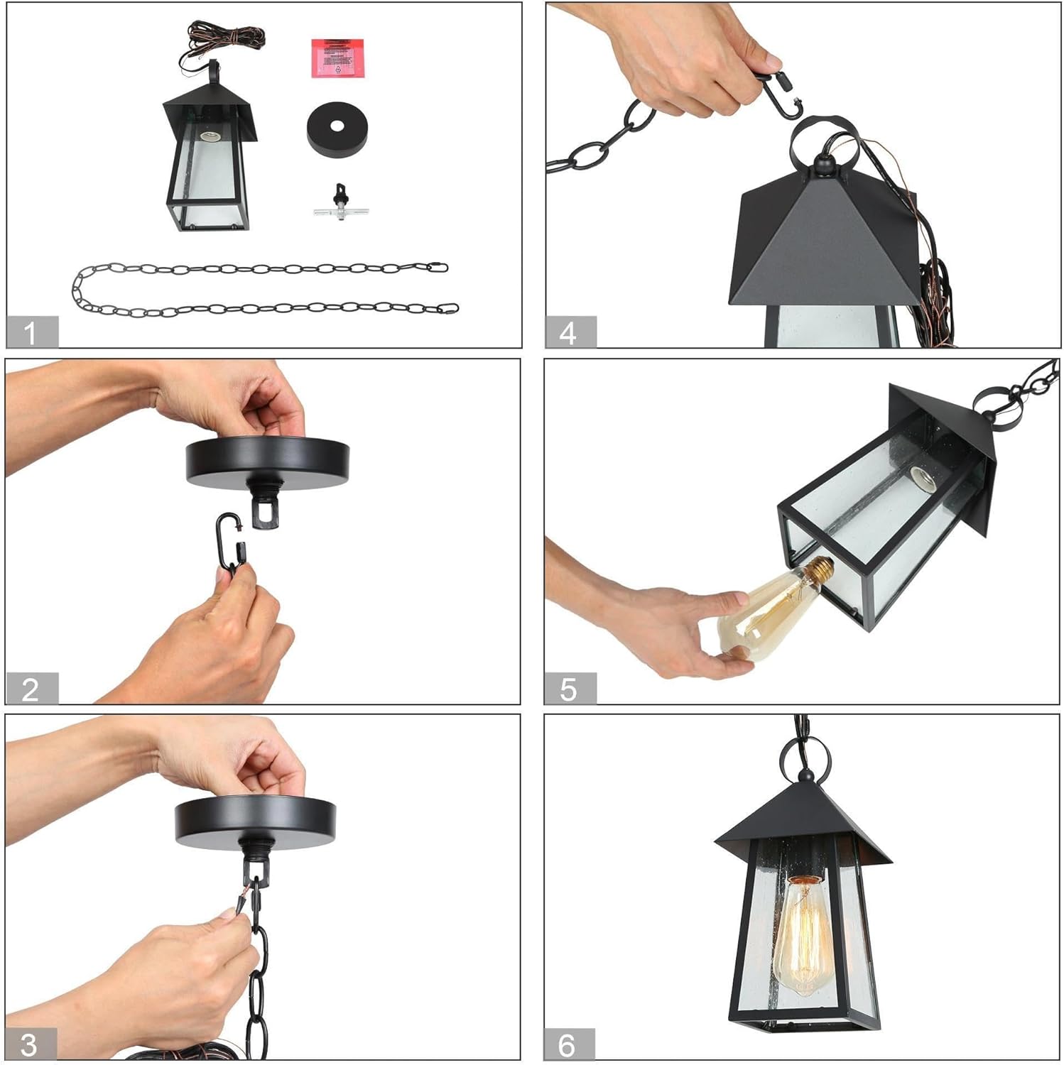 Outdoor Pendant Lights for Porch, Farmhouse Exterior Hanging Front Porch Light Fixture with Adjustable Chain and Seeded Glass Shade for Patio and Entry