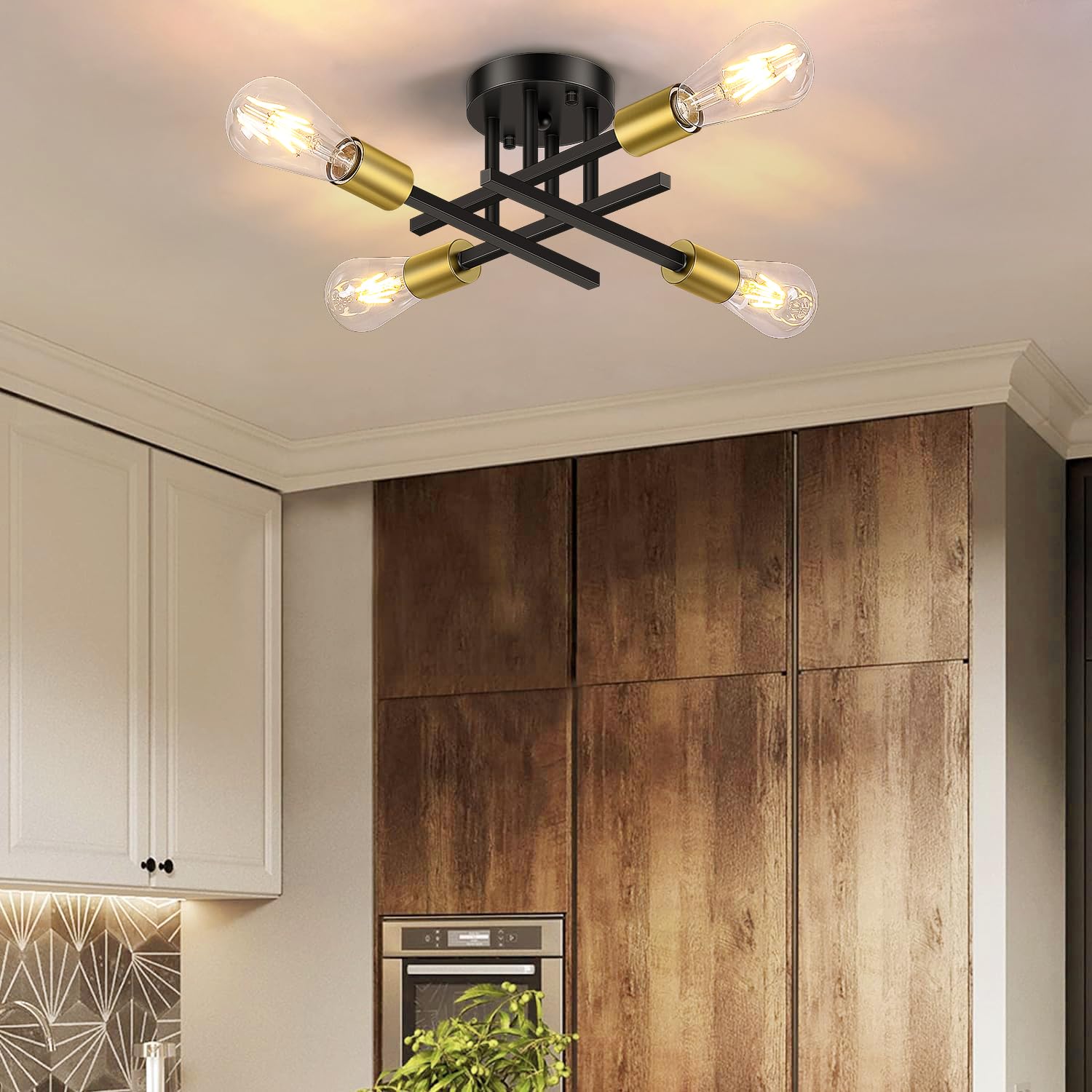 6-Lights Semi Flush Mount Ceiling Light, Mid-Century Modern Black and Gold Sputnik Ceiling Lighting, Industrial Kitchen Light Fixtures Ceiling Mount for Dining Room Hallway Living Room