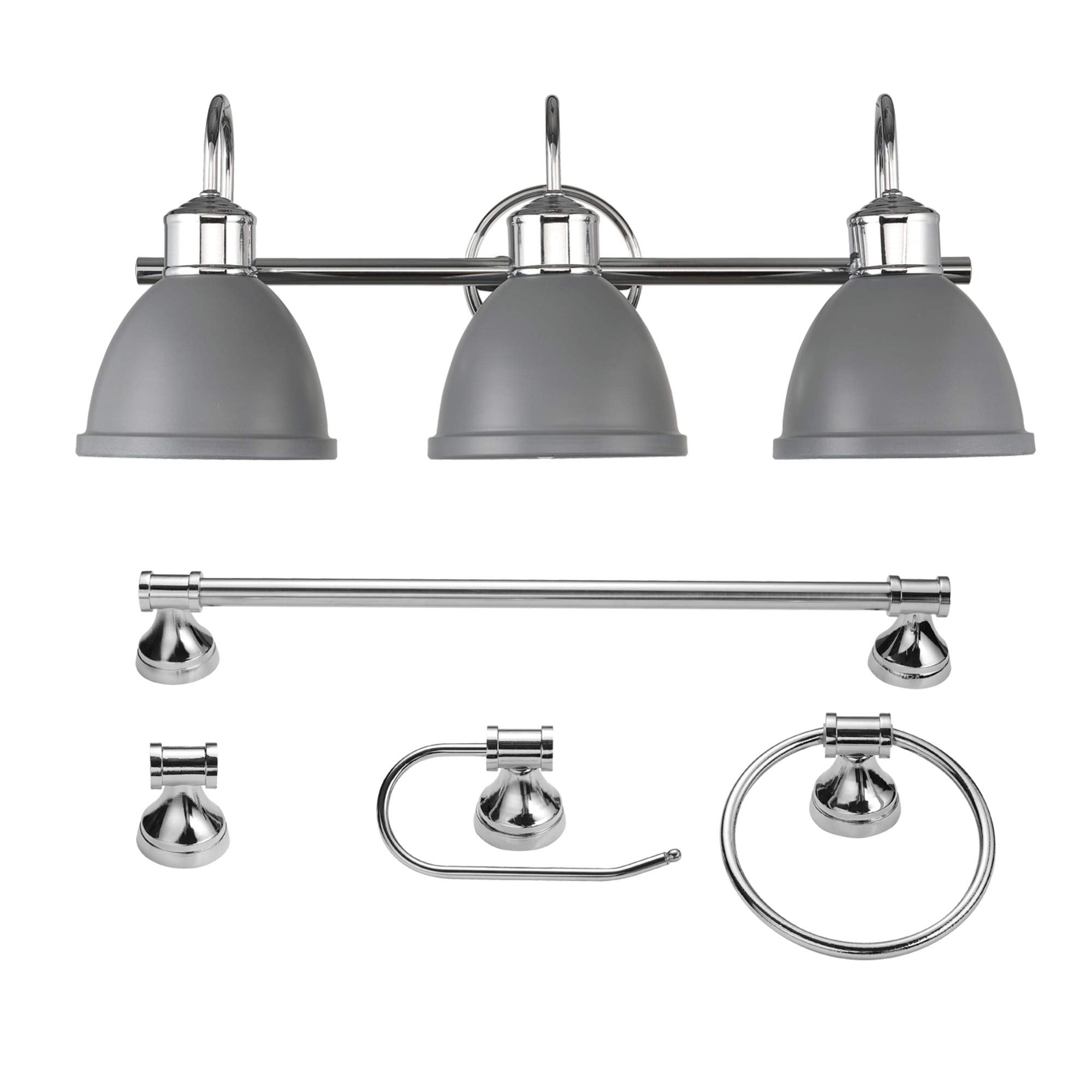 Globe Electric 51710 Bathroom Accessory Set, Matte Black, 3-Light Vanity Light, Towel Bar, Towel Ring, Robe Hook, Toilet Paper Holder, Bathroom Lights Over Mirror, Home Décor, Brooklyn, 5-Piece