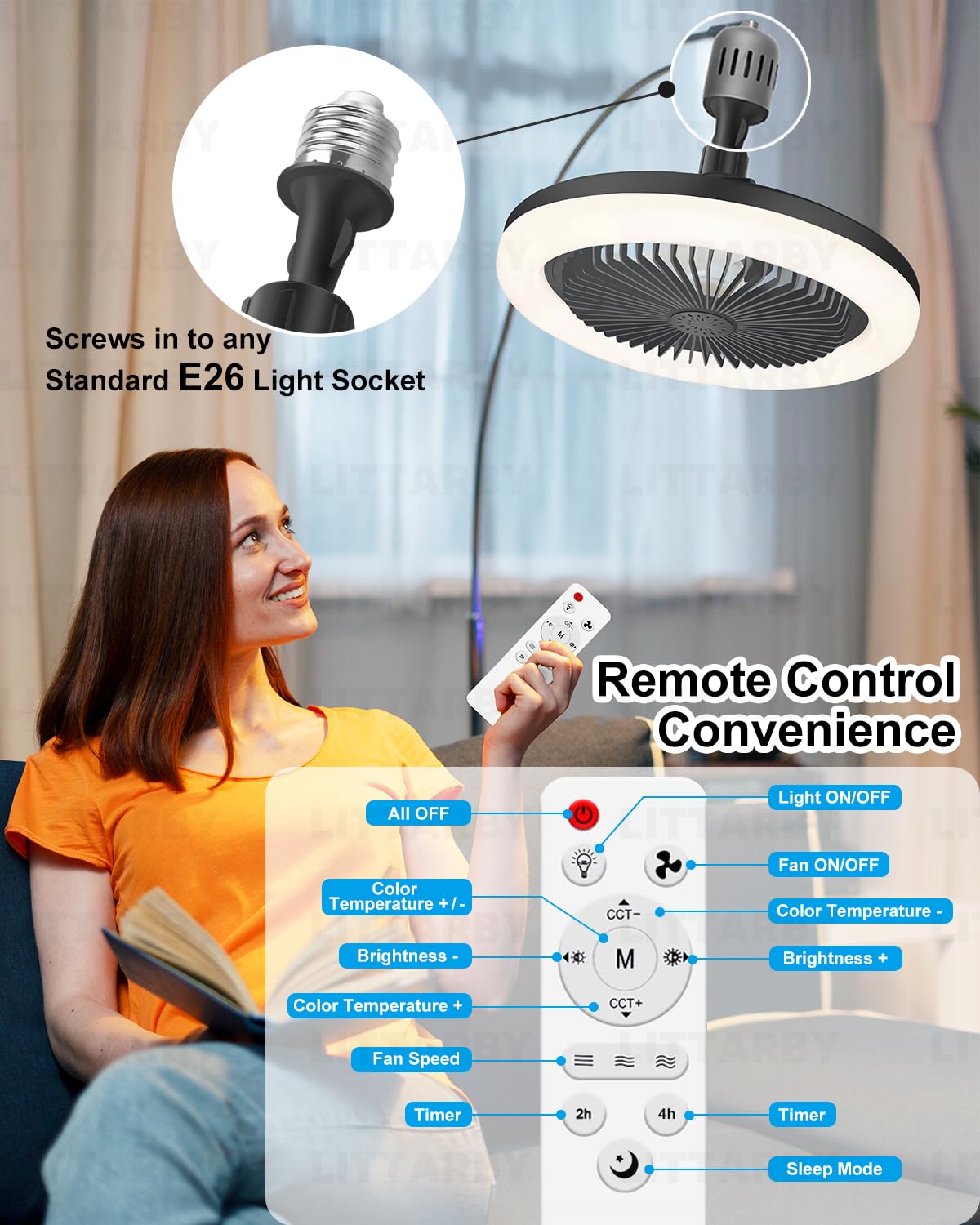 Ceiling Fans with Lights, Socket Fan Light with Remote Control, Dimmable Brightness 3000K-6500K Memory, Socket Modern Flush Mount Low Profile Ceiling Fan for Bedroom, Small Living Room, Kitchen Black