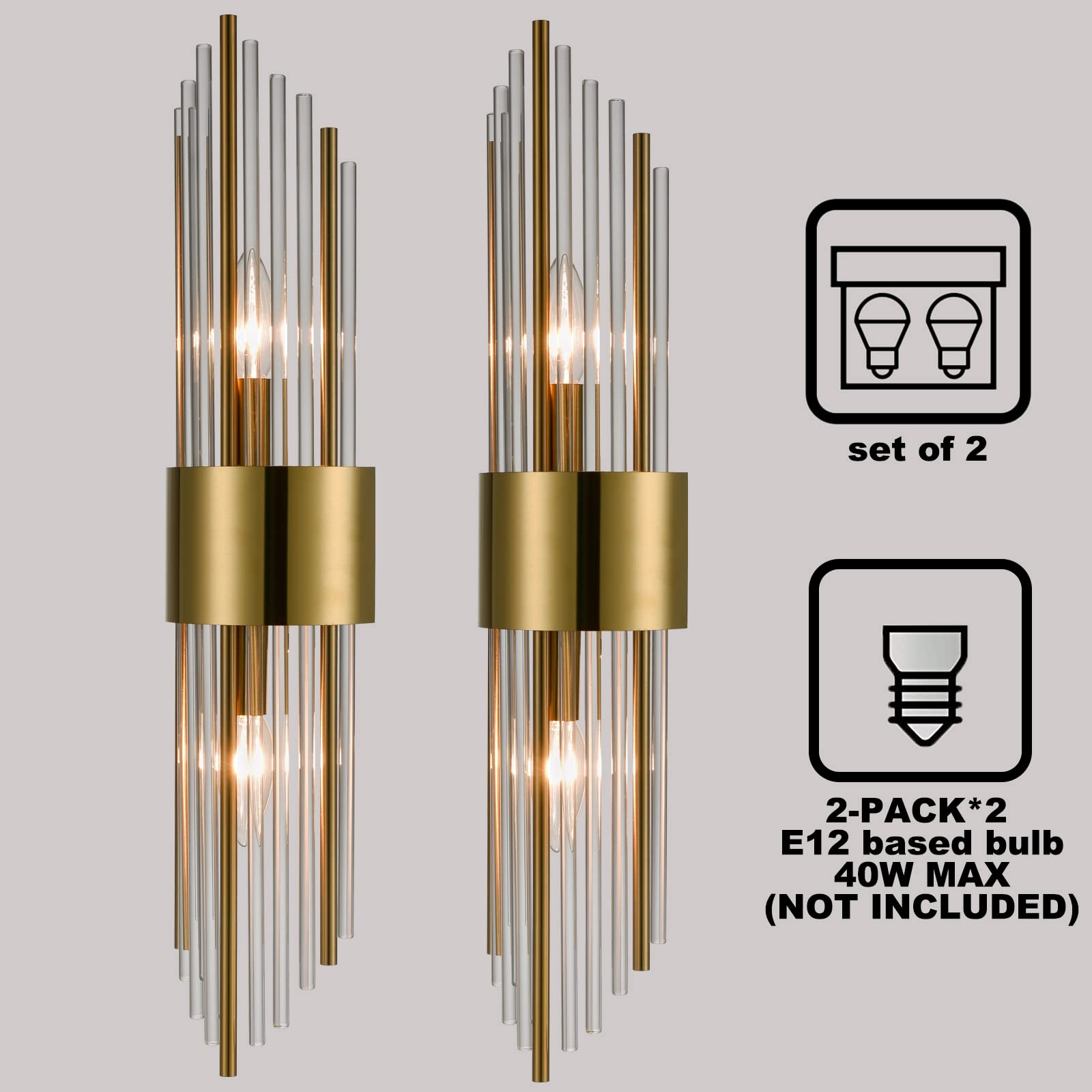 2-Light Modern Brushed Titanium Gold Wall Sconce with Clear Glass Crystal Luxury Wall Light Fixtures for Bedroom Living Room Bathroom Vanity Mirror Light Fixtures Set of 2