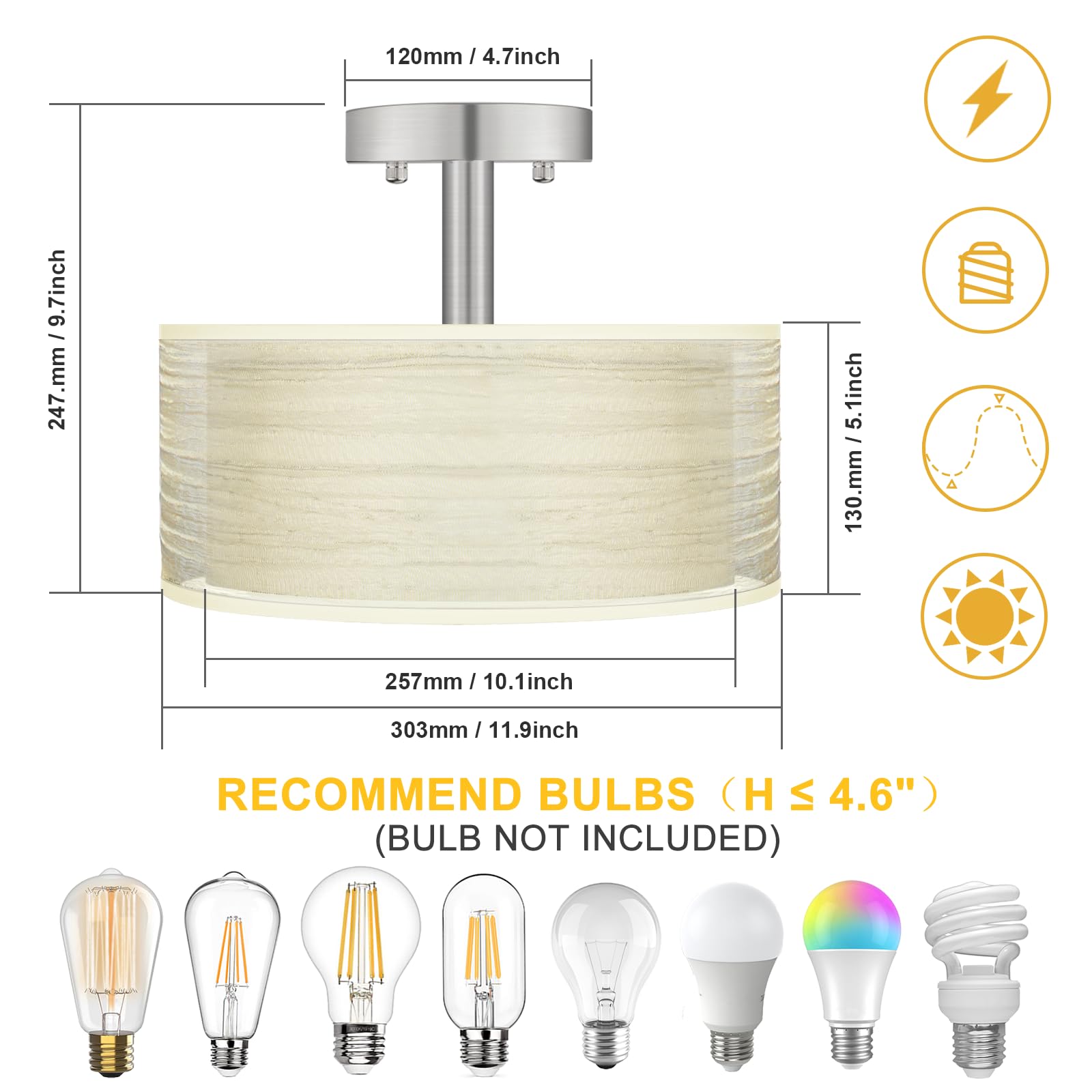 3-Light Semi Flush Mount Ceiling Light Fixture, Drum Light with Double Fabric Shade, Modern Close to Ceiling Lamps for Dining Room Kitchen