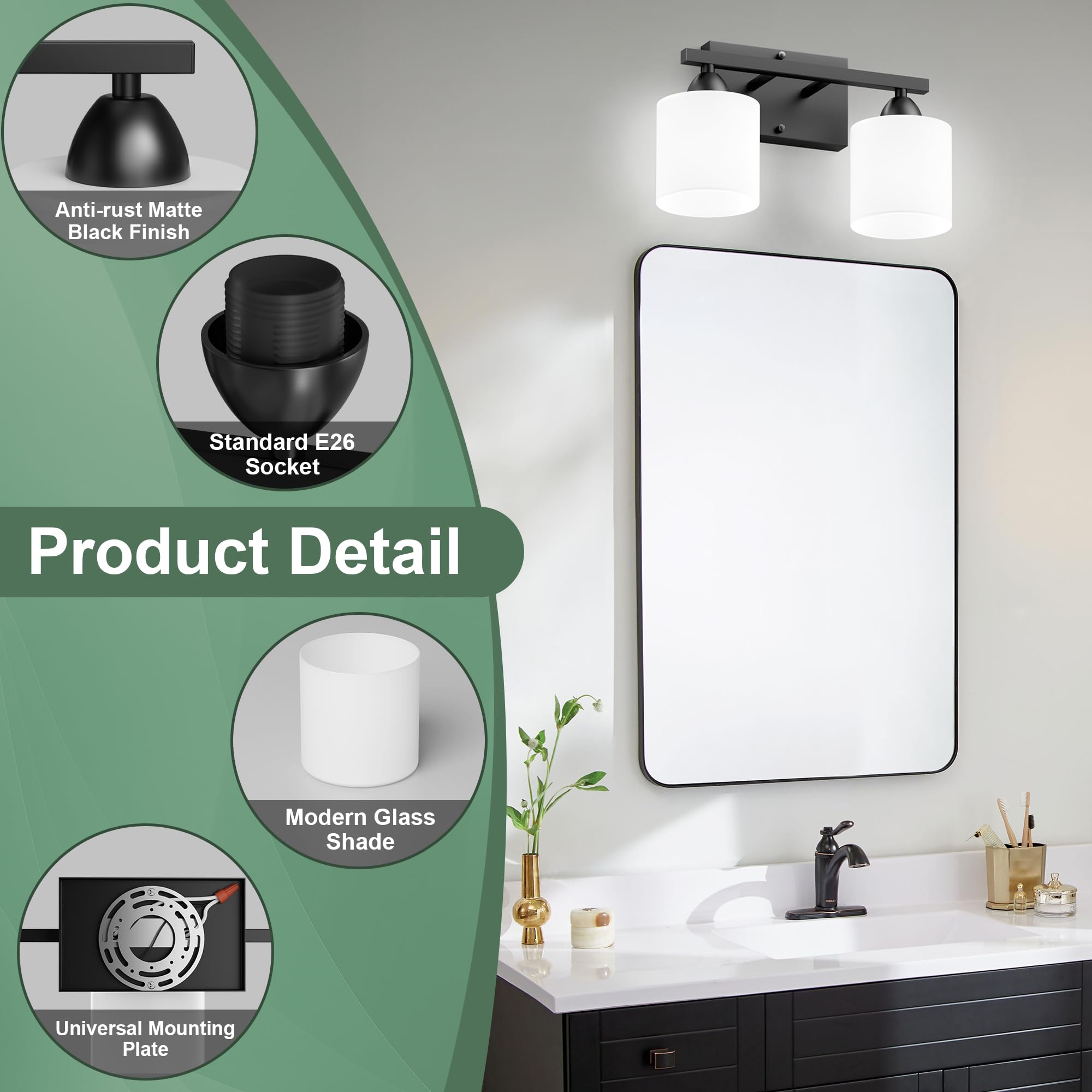 Bathroom Lighting Fixtures Over Mirror Brushed Nickel, Anti-Rust 3-Light Bathroom Vanity Lights, Modern 18Inches Wall Sconces E26 Base, Milky White Glass Shades, Bulbs Not Included