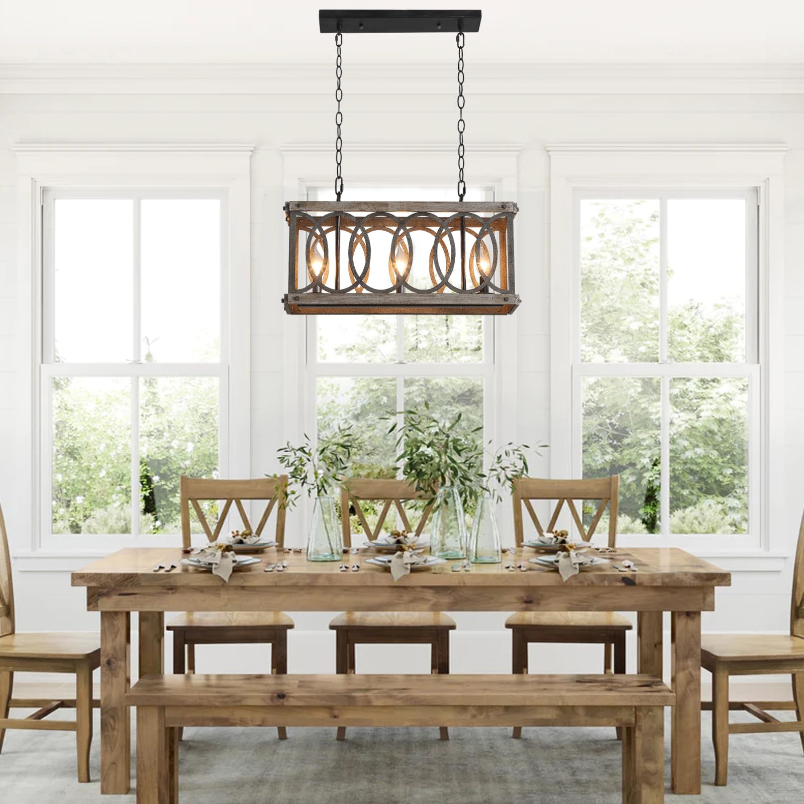 Kitchen Island Light Fixtures Dining Room Distressed White Rectangular Modern Farmhouse Chandelier, 3-Light Metal Rustic French Country Pendant Lighting Ceiling Light Hanging Lamp, No Wood