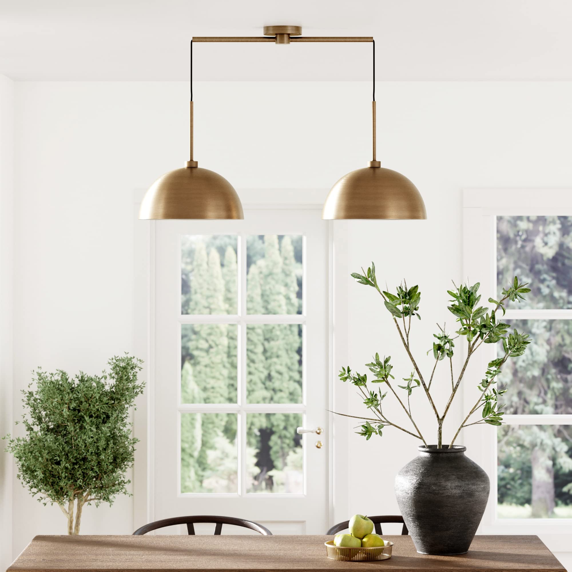 Nathan James Percy Modern 2-Light Pendant Island Light Fixture, Brass Hanging Lights with Gold Metal Shade and Adjustable Cord, for Kitchen, Living Room, Vintage Brass