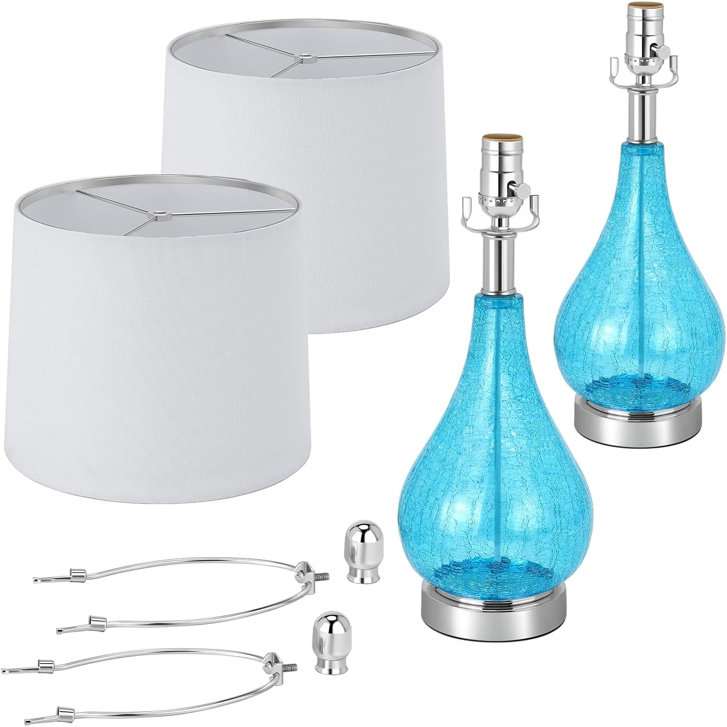 Glass Table Lamps Set of 2, Modern 23.5” Blue Cracked Glass Bedside Lamps, for Bedroom Living Room Home Office Desk Nightstand Table Lamp