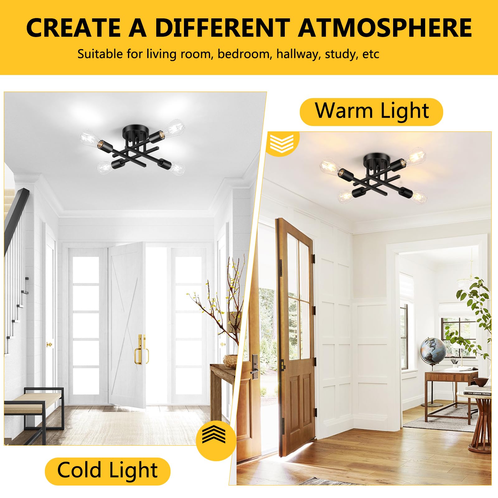 6-Lights Semi Flush Mount Ceiling Light, Mid-Century Modern Black and Gold Sputnik Ceiling Lighting, Industrial Kitchen Light Fixtures Ceiling Mount for Dining Room Hallway Living Room