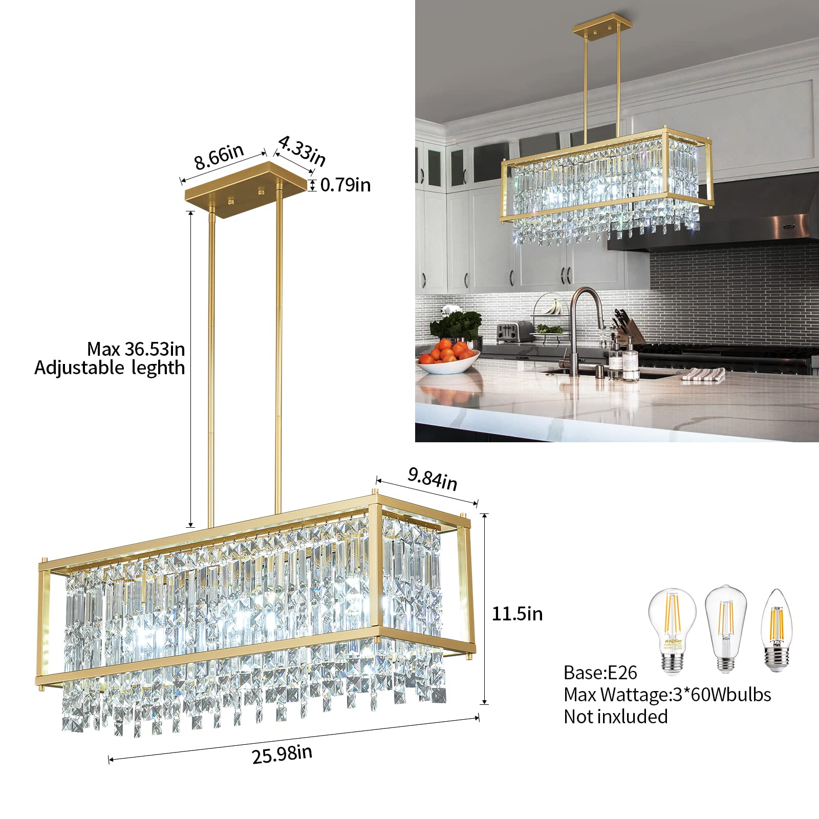 4-Light Dining Room Light Fixture 11.81 inch Square Lndustrial Farmhouse Chandelier Gold Metal Crystal Pendant Light for Kitchen Island Dining Room Living Room Flat and Inclined Ceiling