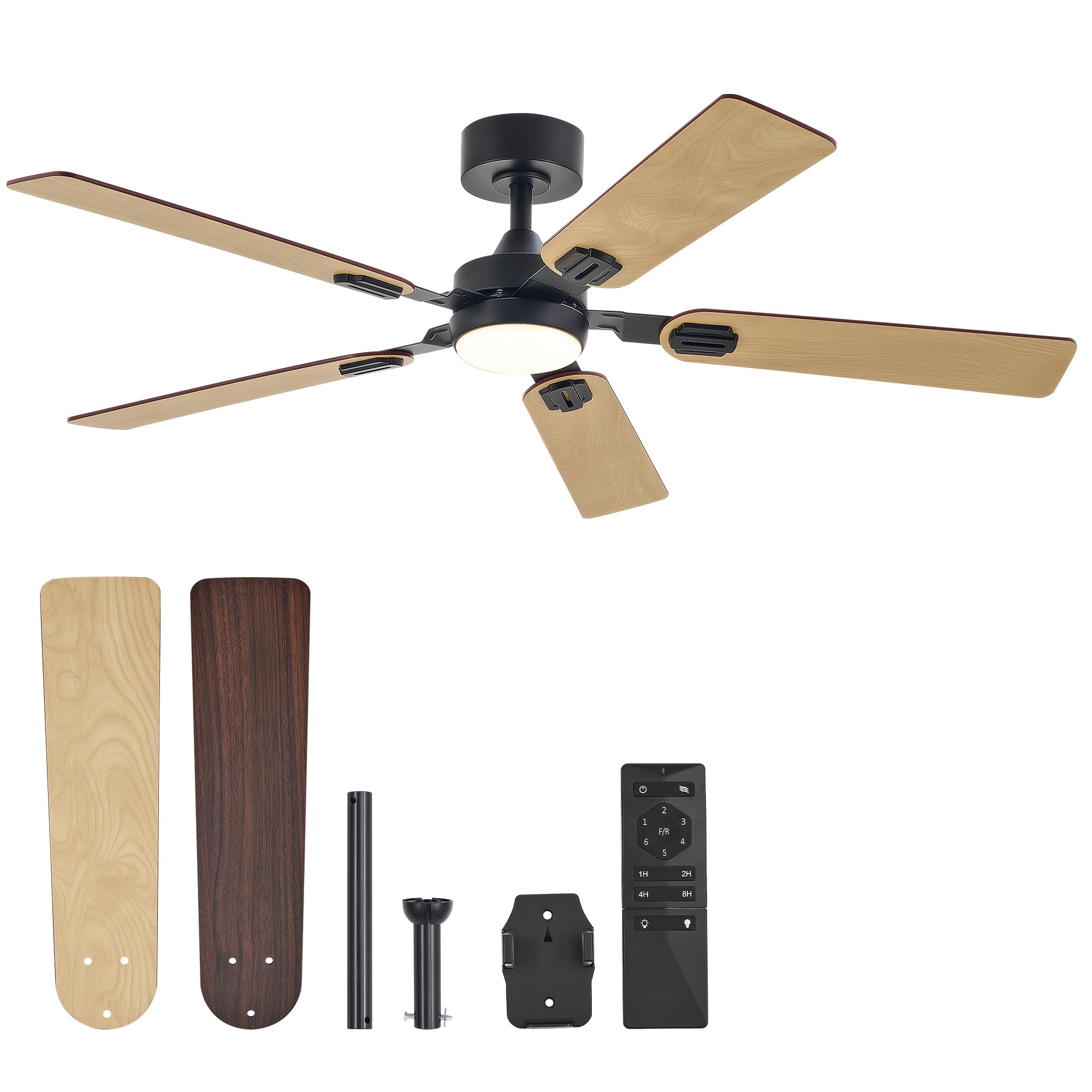 Ceiling Fans with Lights and Remote, 52" Ceiling Fan with 5 Blades, 6-Speeds Noiseless Reversible DC Motor for Farmhouse Bedroom Indoor, Black