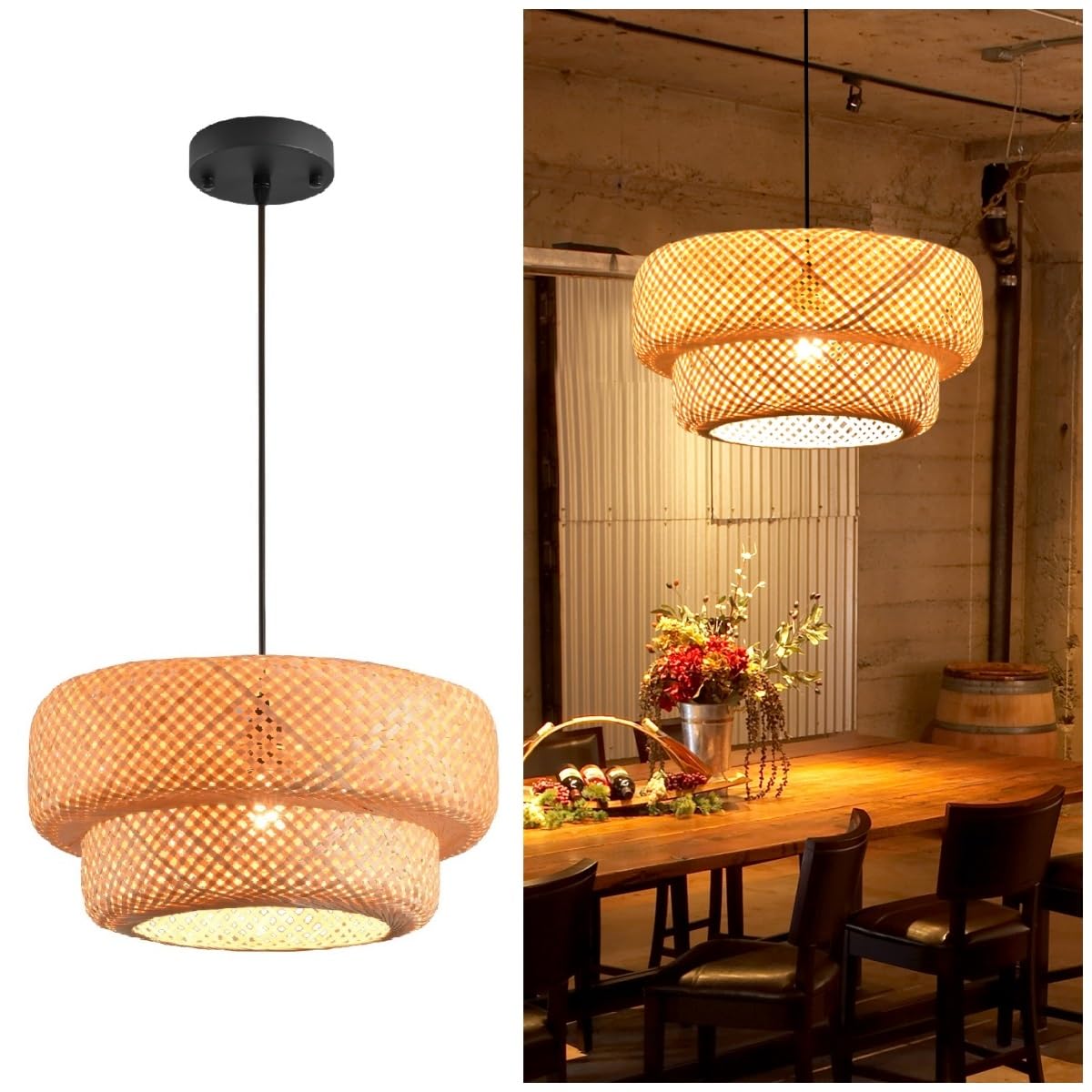 Boho Bamboo Pendant Light, 23.64in Bohemian Hand-Woven Rattan Chandelier Coastal Wicker Lighting Fixtures Hanging Lamp for Kitchen Island Dining Living Room Restaurants Bedroom