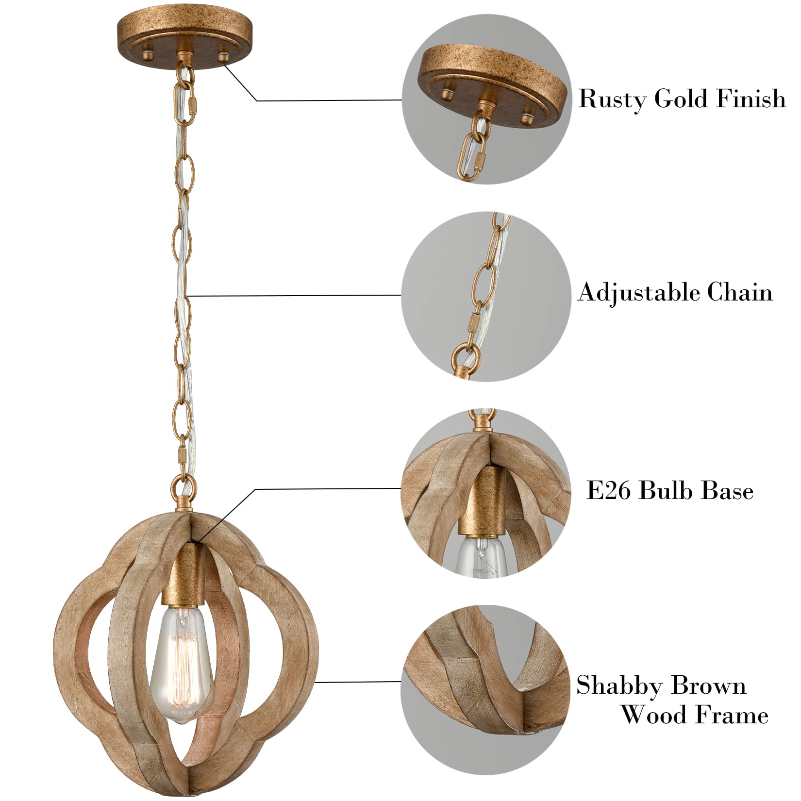 Farmhouse Wooden Pendant Light Distressed White Wood Chandelier 1-Light Modern Wooden Pendant Light Fixtures for Kitchen Island Dining Room Bedroom