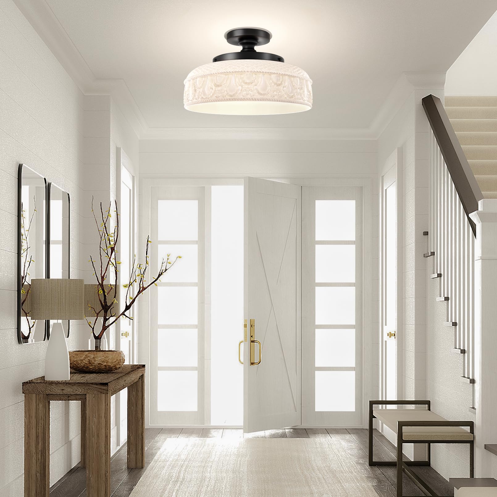 Semi Flush Mount Ceiling Light, Upgraded Larger Golden Hallway Light Fixture, 3-Bulb Globe Glass Close to Ceiling Light,Indoor Hanging Light for Bedroom Kitchen Porch Hallway,Bulbs Not Included