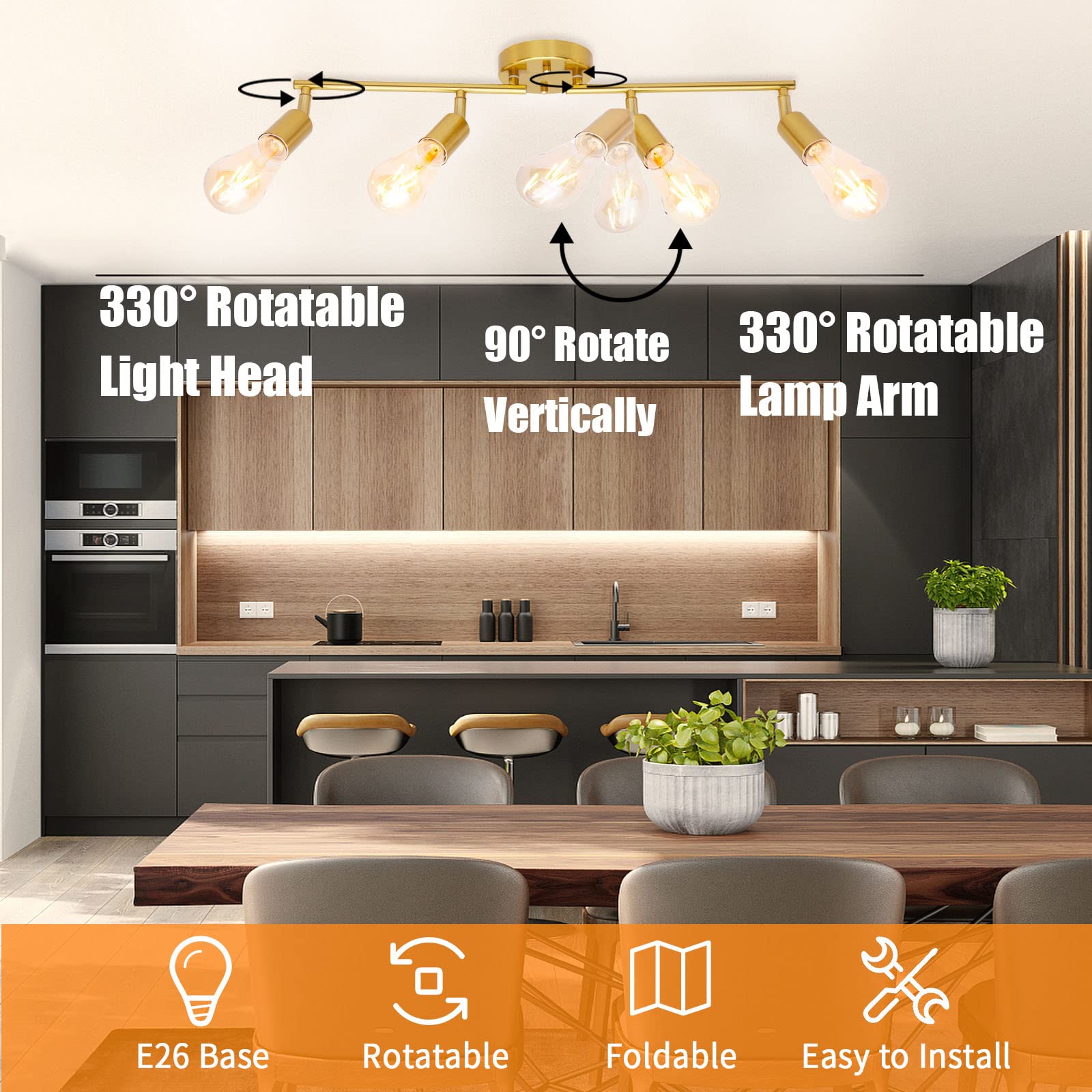 4 Lights Track Lighting Fixtures Ceiling, Flush Mount Gold Track Lights Kit, Modern Directional Kitchen Ceiling Lamp with Flexibly Adjustable E26 Light Heads, for Living Room, Office