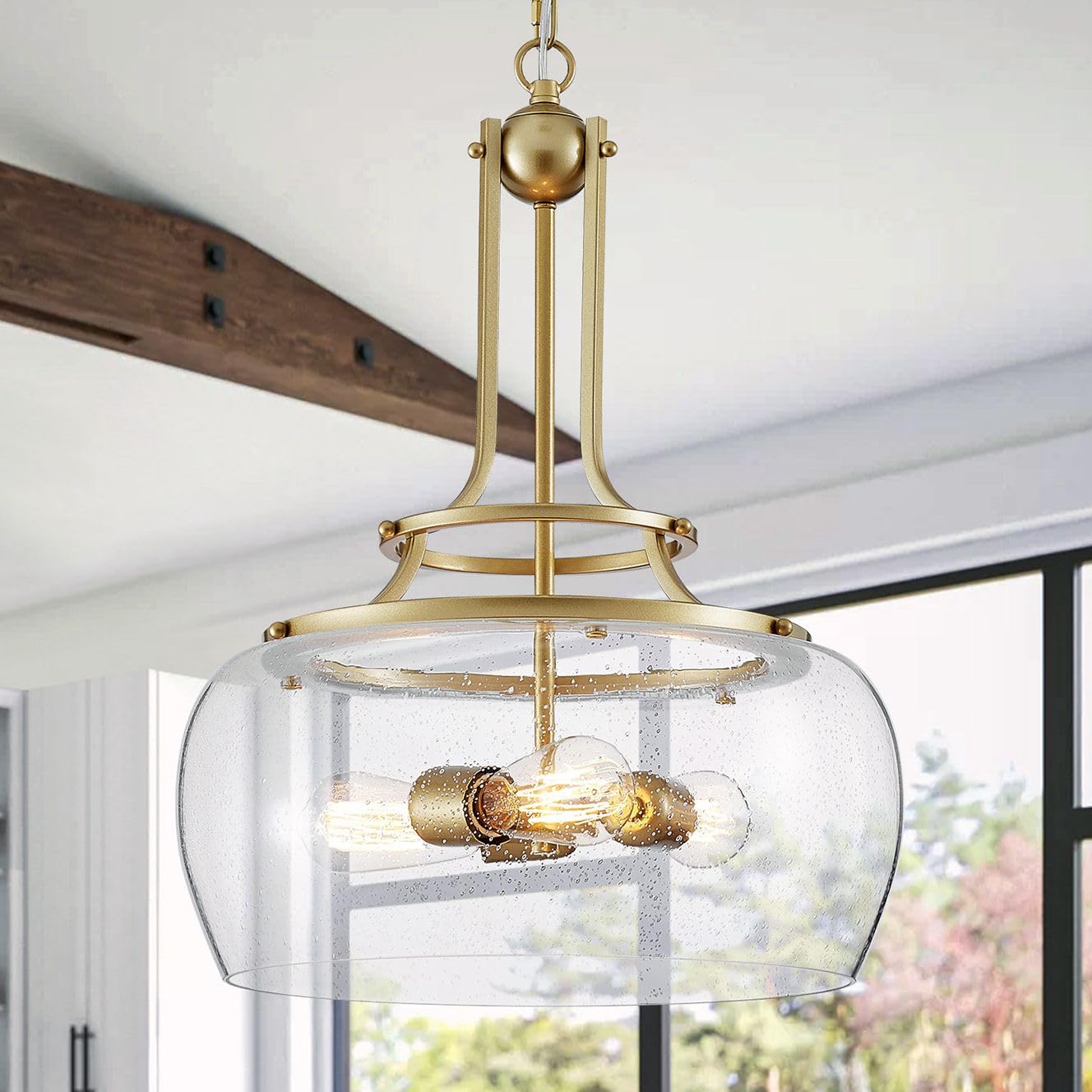 Chandelier Rustic Farmhouse Industrial Round Ceiling Pendant LED Light Fixture Clear Seeded Glass Shade for Dining Room Kitchen Island Foyer Entryway, H 20.9" x W 15.9", Gold