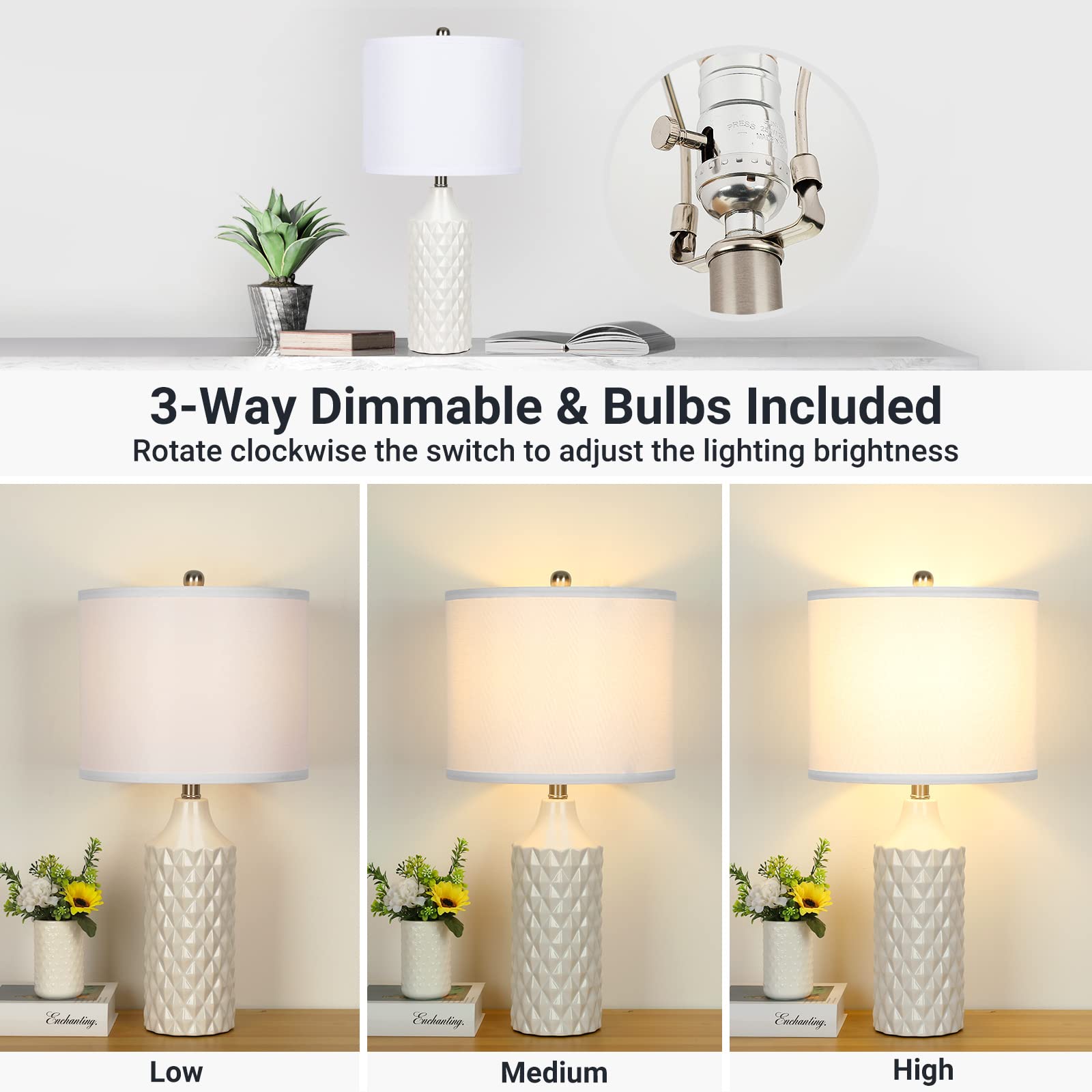 Ceramic Table Lamps Set of 2, White Modern Bedside Lamp 25" Nightstand Lamp 3-Way Dimmable Lamp for Bedroom Living Room End Table Lamp Farmhouse Lamp Side Table Lamp, Bulbs Included