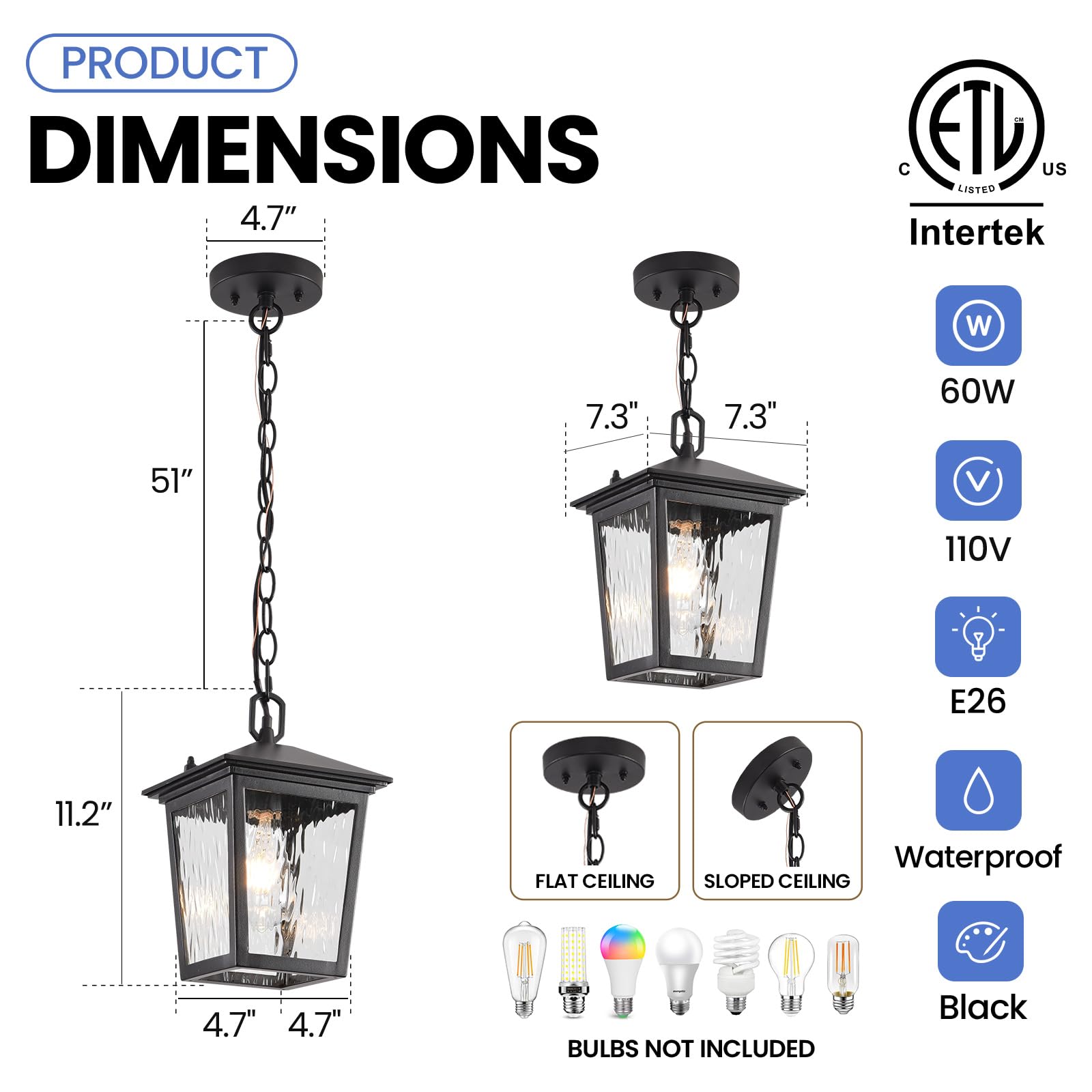 Outdoor Pendant Light, Black Outdoor Porch Light fixtures with Anti-Rust, Exterior Hanging Lantern, Height Adjustable Outside Chandelier with Water Glass for House Patio Garage