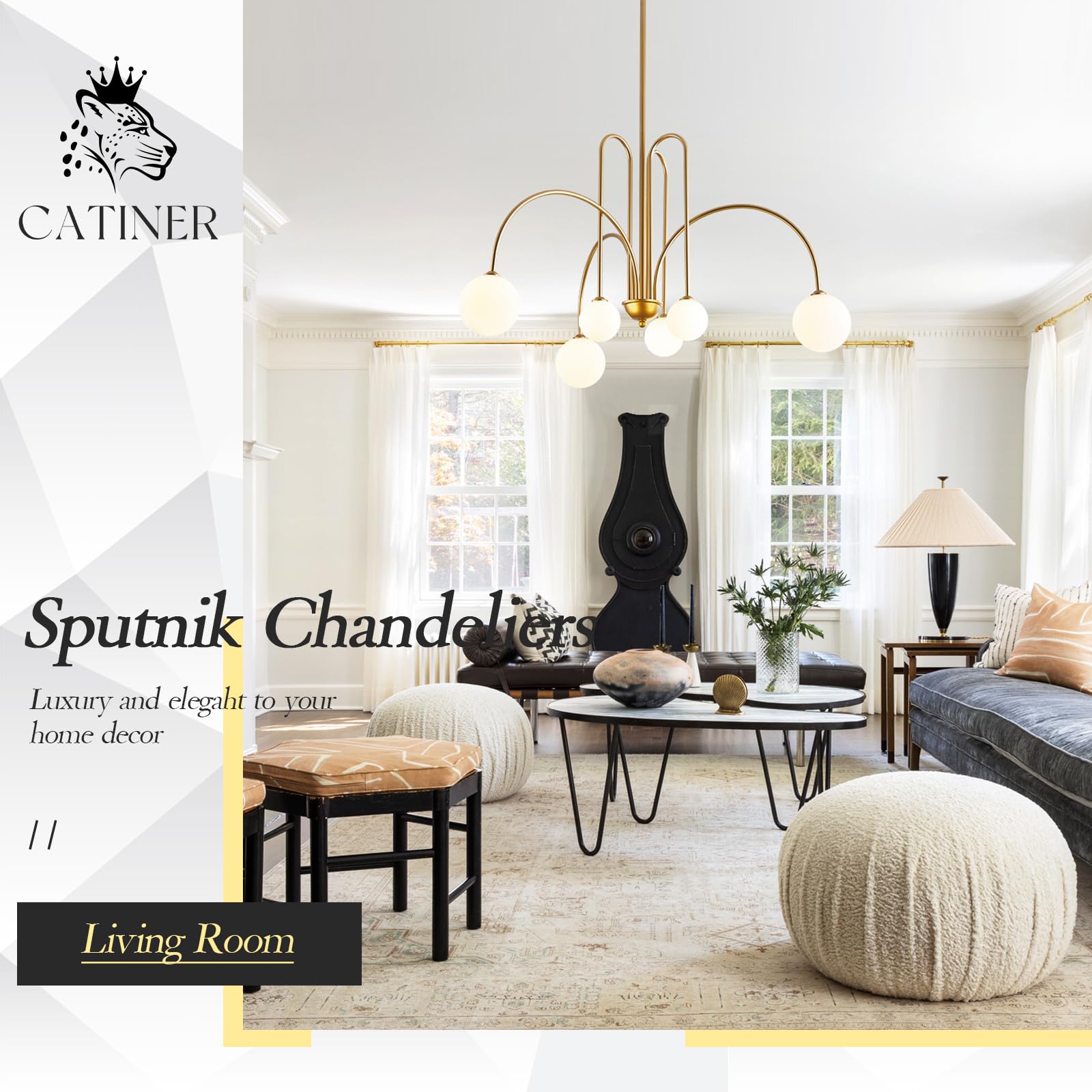 Gold Sputnik Chandeliers for Dining Room,Mid Century Crystal Glass Chandeliers 6 Lights Modern Ceiling Pendant Light Fixtures Iceberg Shape for Living Room Kitchen Island Bedroom