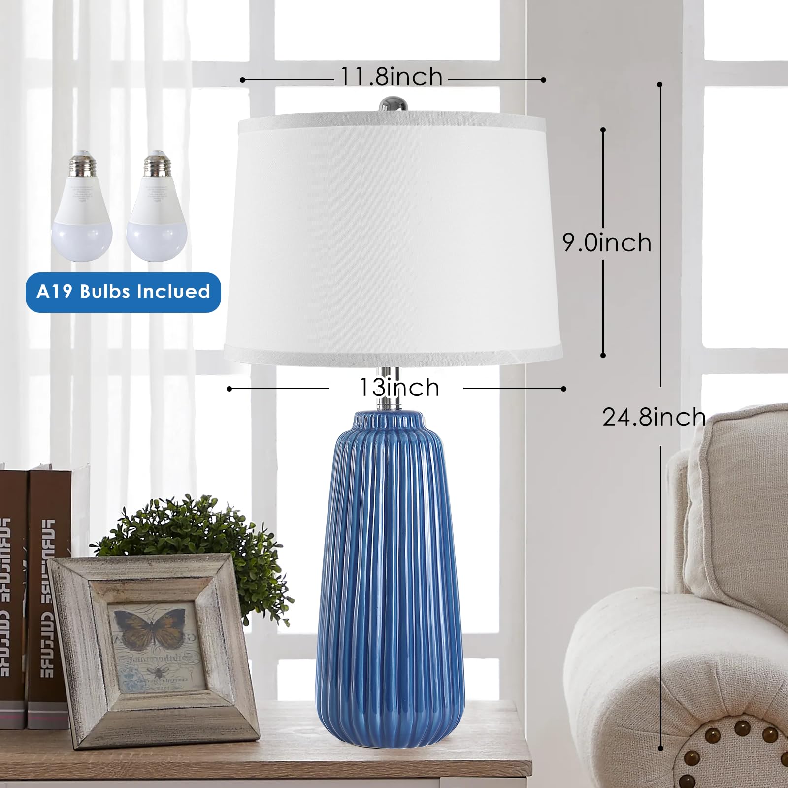 Ceramic Table Lamps Set of 2, 25Inch Modern White Table Lamps for Bedroom Living Room with 3 Color Temperature - 3000K/4000K/6000K, Coastal Lamps for Nightstand Bedside with 2 LED Bulbs, 9W