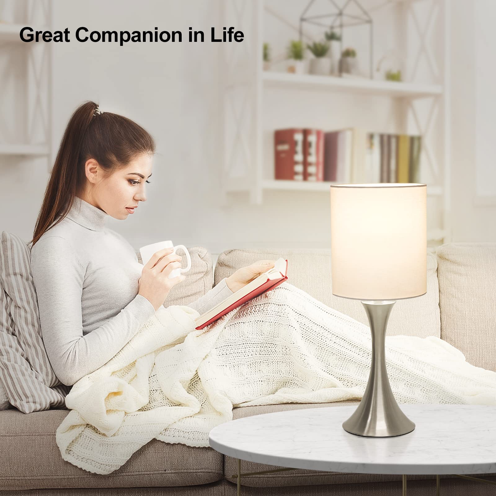 3 Way Touch Control Table Lamp, Dimmable Bedside Desk Lamp with Metal Base Modern Nightstand Lamp Stylish Grey Shade Simple Side Table Lamp for Bedroom, Living Room, Office or Den LED Bulb Included