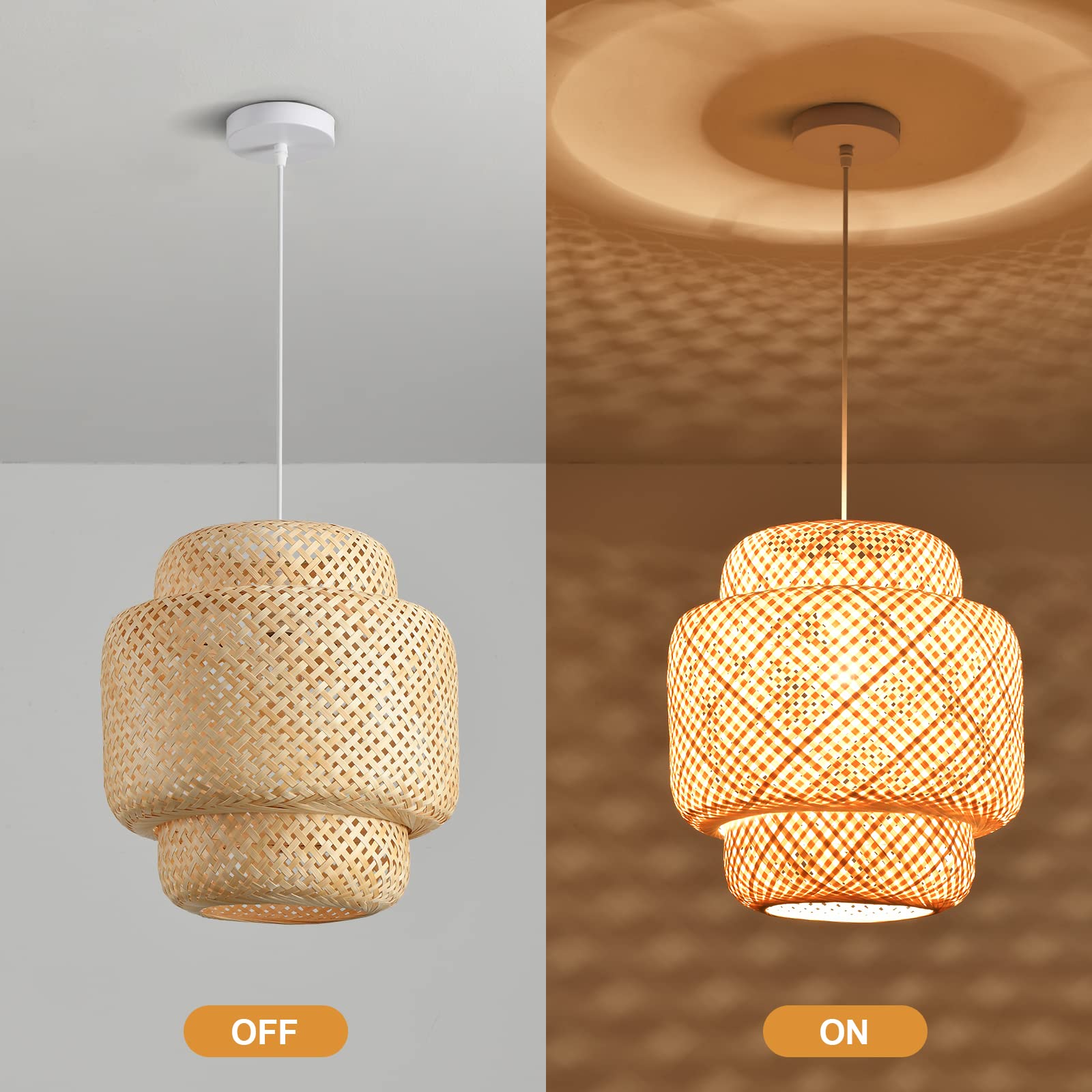 Boho Bamboo Pendant Light, 23.64in Bohemian Hand-Woven Rattan Chandelier Coastal Wicker Lighting Fixtures Hanging Lamp for Kitchen Island Dining Living Room Restaurants Bedroom