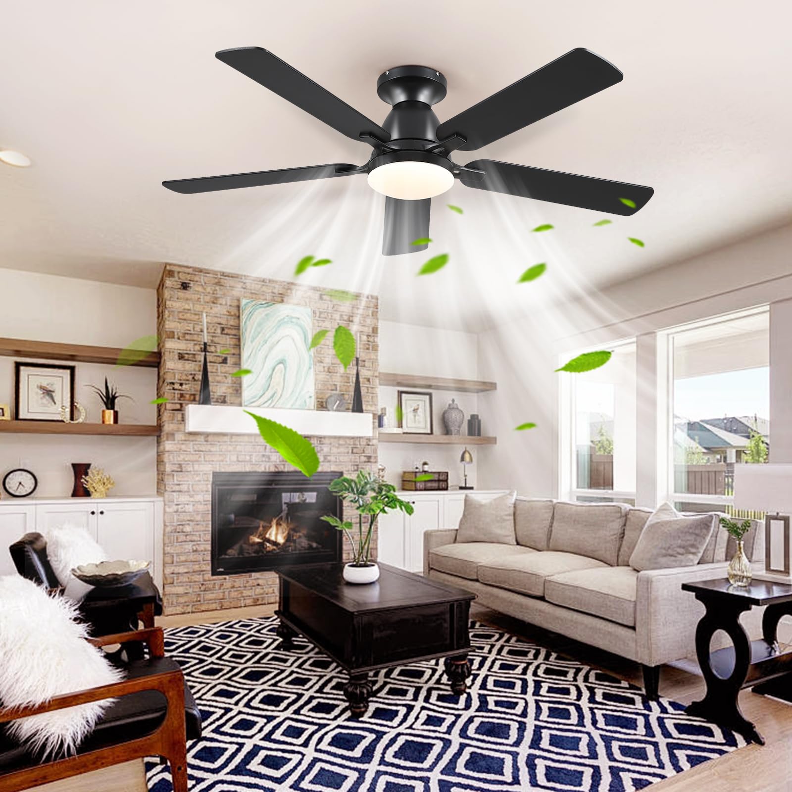 Ceiling Fans with Lights- 46"Low Profile Indoor Ceiling Fan with Light and Remote/APP Control, Flush Mount, LED Dimmable DC Reversible Modern Ceiling Fan for Bedroom（Black）