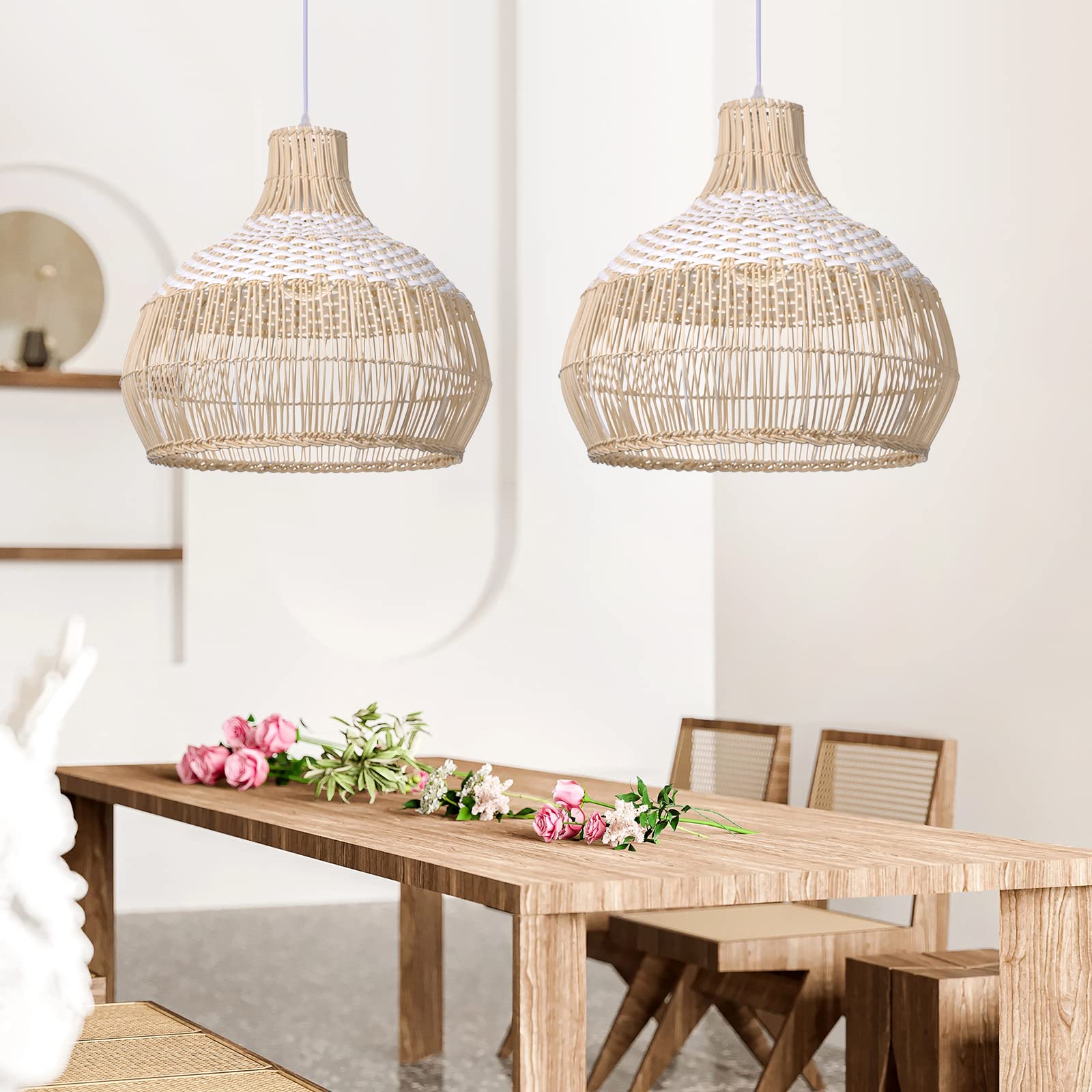 White Rattan Pendant Light, Farmhouse Coastal Wicker Hanging Ceiling Light Chandelier, Handmade Woven Lampshade for Kitchen Island