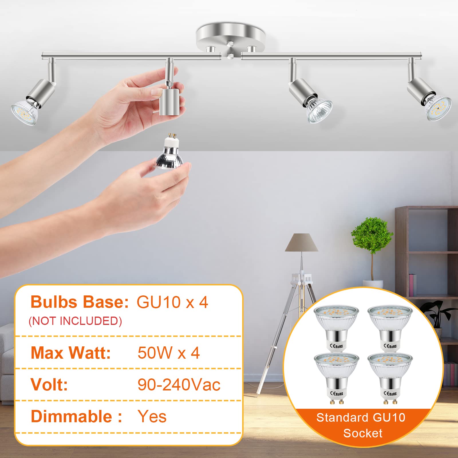 Track Lighting Kit, 4 Head Foldable Ceiling Spot Light with GU10 Socket for Kitchen Hallyway Bedroom Fixture Directional Accent Lamp