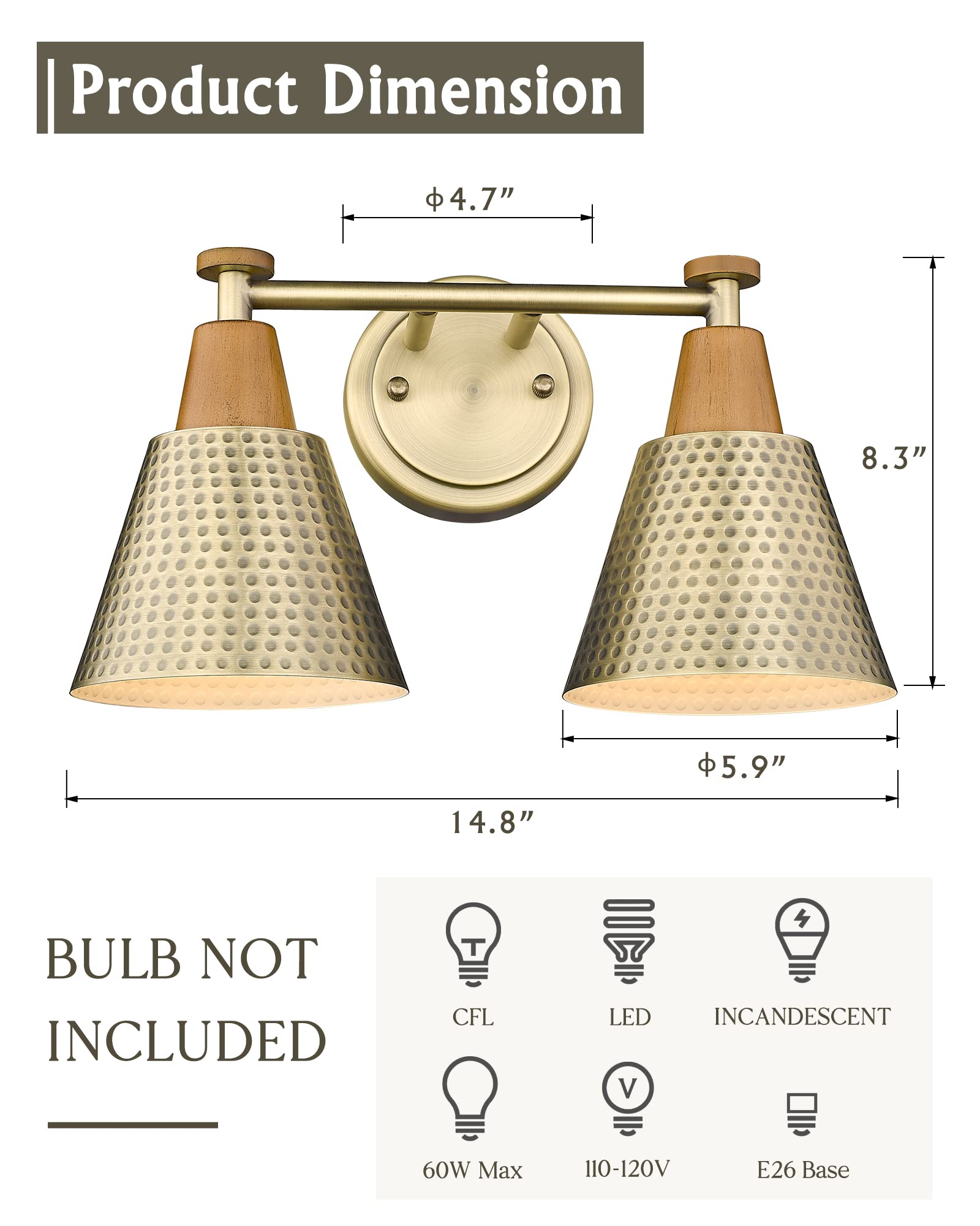 Antique Brass Bathroom Vanity Light, 3-Lights Industrial Modern Wall Sconce Bathroom Lighting, Hammered Metal Shade Finish, 4FG59B-3W BG