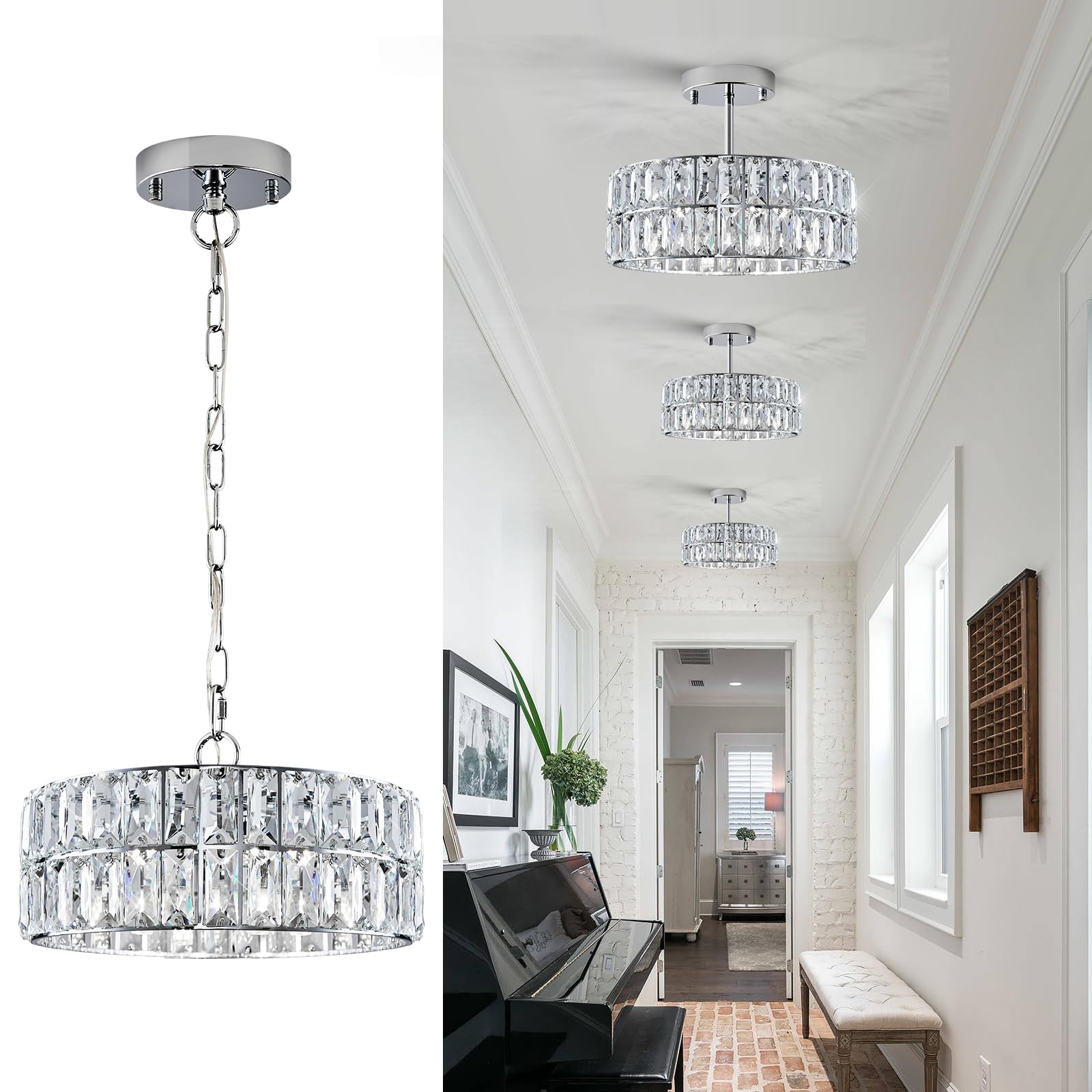 Gold Crystal Chandeliers, Modern Semi Flush Mount Chandelier 4-Ligh Drum Crystal Ceiling Pendant Light Fixture 12” for Foyer Entryway Kitchen Hallway Dining Room