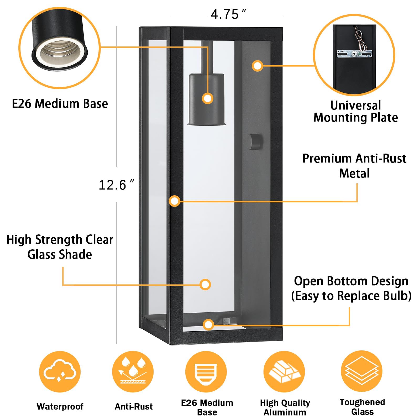 Outdoor Exterior Wall Lights for House 2Packs, 12.6'' Matte Black Rectangular Metal Frame & Clear Glass Shade, Waterproof Outdoor Garage Lights Patio Wall Sconce Porch Light, Bulb Not Included