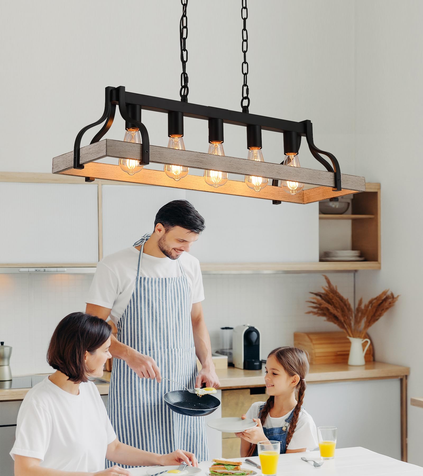 Rustic Kitchen Island Dining Room Light Fixture Farmhouse Linear Chandelier Black and Retro Wood Finish 5-Light Industrial Metal Hanging Pendant Light UL Listed L33.5 W10.6