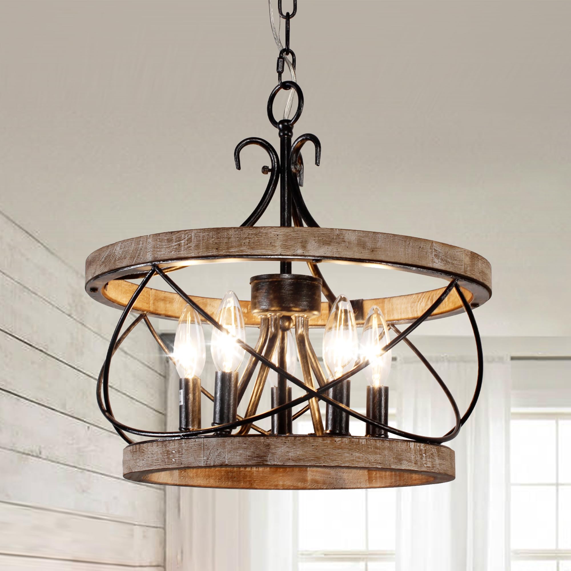 Rustic Farmhouse Chandelier, 4-Light Handmade Wood Pendant for Kitchen, Dining, Foyer, W19.7 x H21.6, Weathered Wood