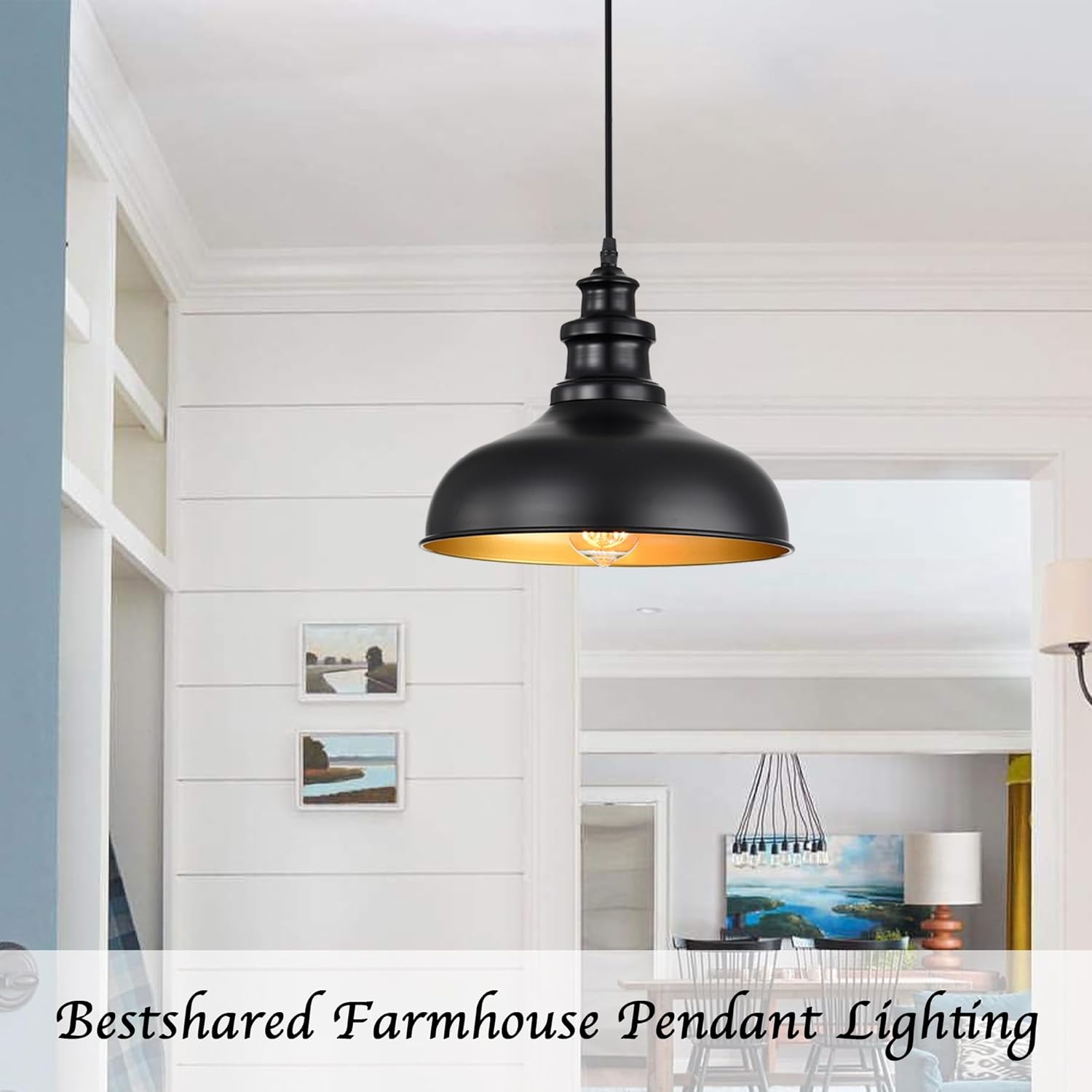 Farmhouse Pendant Lights, Ceiling Industrial Hanging Pendant Lighting Fixture, Barn Pendant Hanging Lights for Kitchen Island Dining Room Restaurant Hallway Patio (Black, 1 Pack)