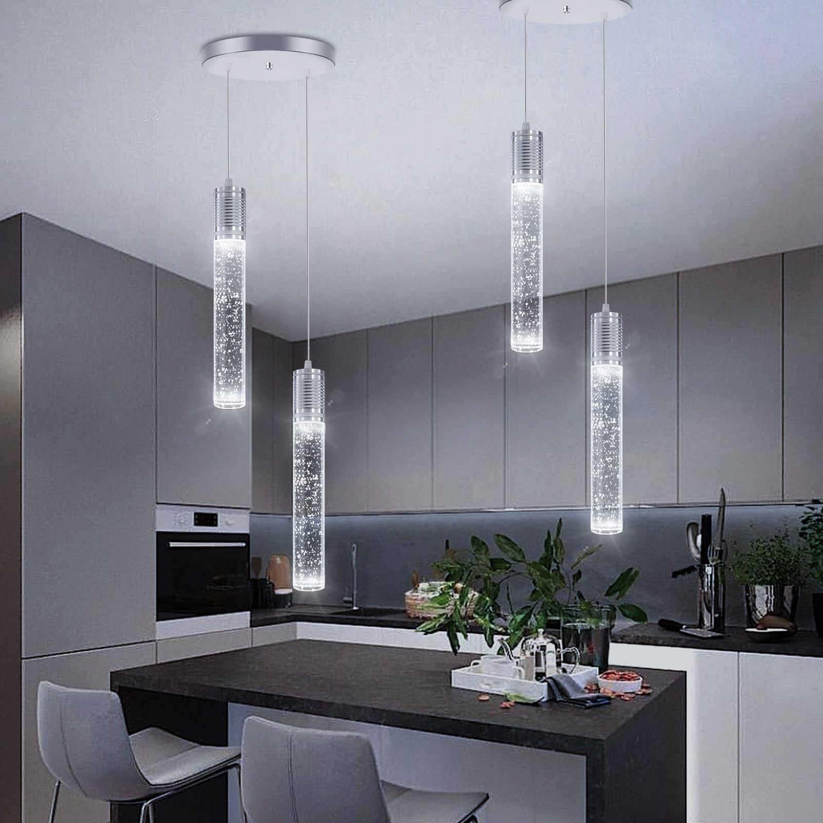 3 Lights Independent Kitchen Island Dining Room Light Pendant Light Fixtures Bubble Crystal Chandeliers Modern Kitchen Island Lighting Chandeliers Fixtures LED Lampara, 6000K LED Bulbs Included