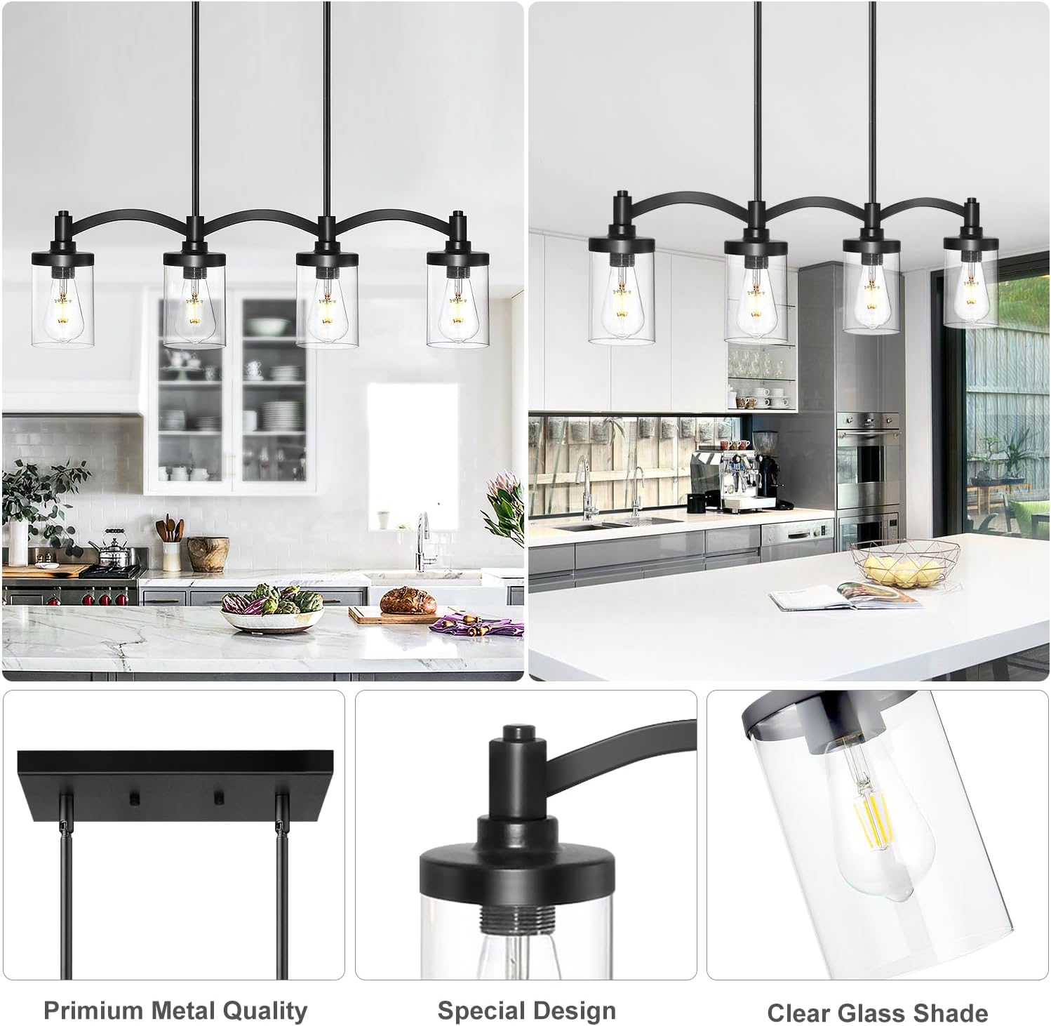 Kitchen Island Lighting, 4 Lights Dining Room Light Fixture, Modern Chandeliers for Dining Rooms Over Table, Linear Industrial Black Pendant Lights Kitchen Island with Clear Glass Shade