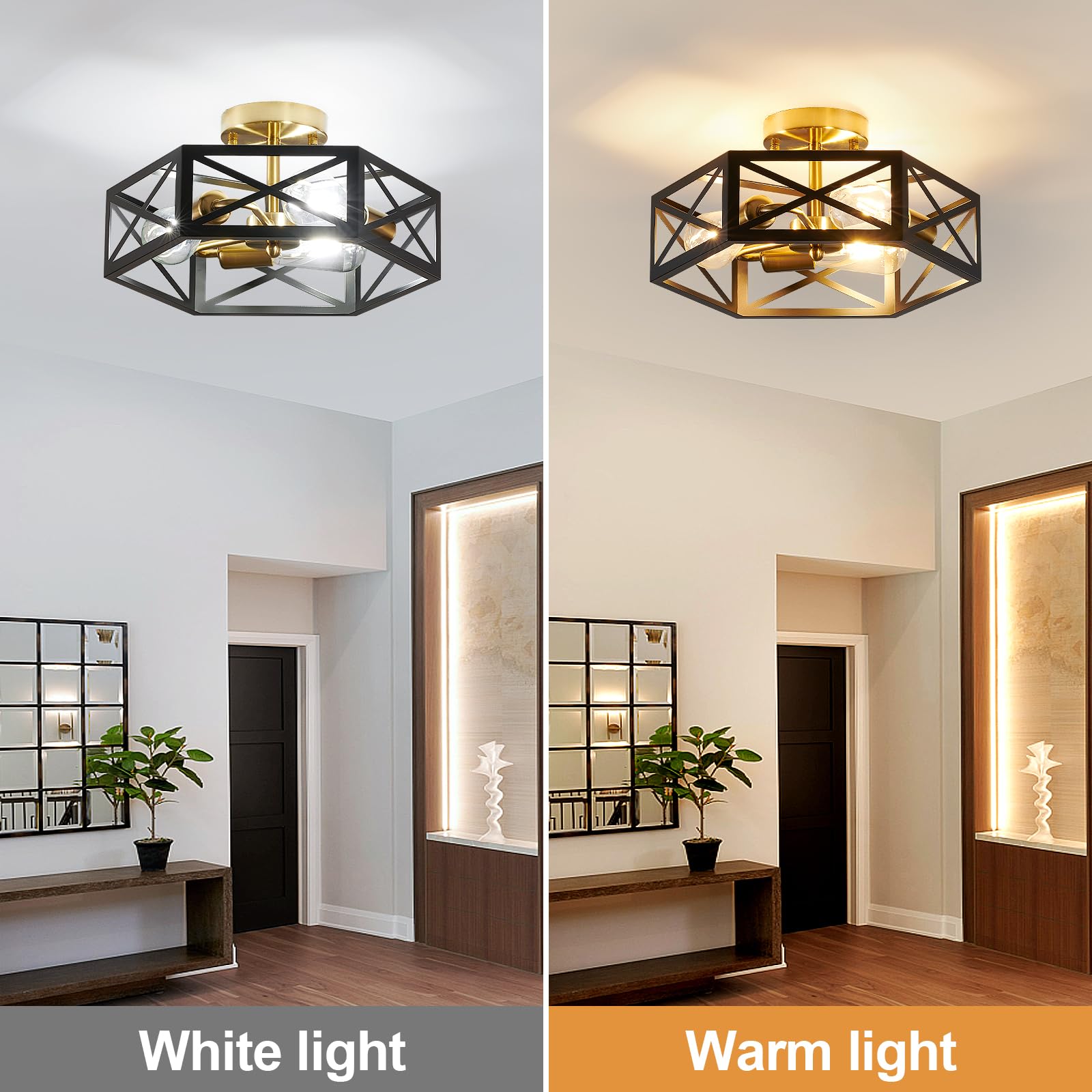 Semi Flush Mount Ceiling Light Fixture, Modern Farmhouse 3-Light Black Ceiling Light, Industrial Close to Ceiling Light with Metal Hexagon Cage Ceiling Lamp for Kitchen, Hallway, Bathroom