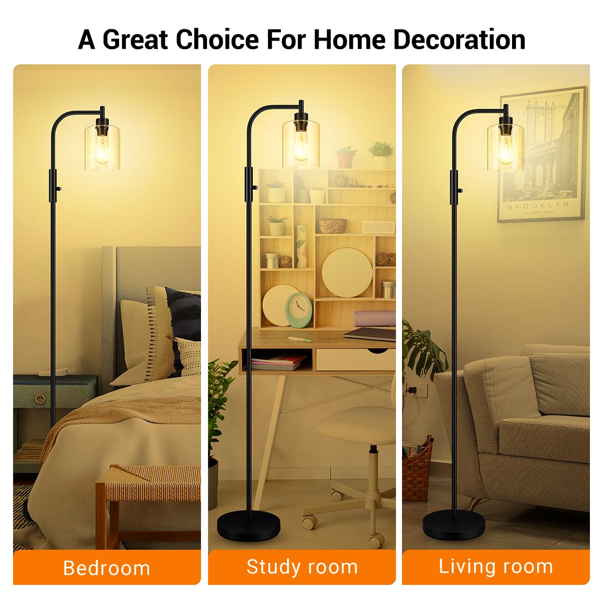 Floor Lamp, 6W Black Modern Floor Lamp with 4W Adjustable Reading Lamp, 2700K Energy-Saving LED Bulbs Included, Industrial Bright Floor Lamp for Bedroom, Living Room and Office