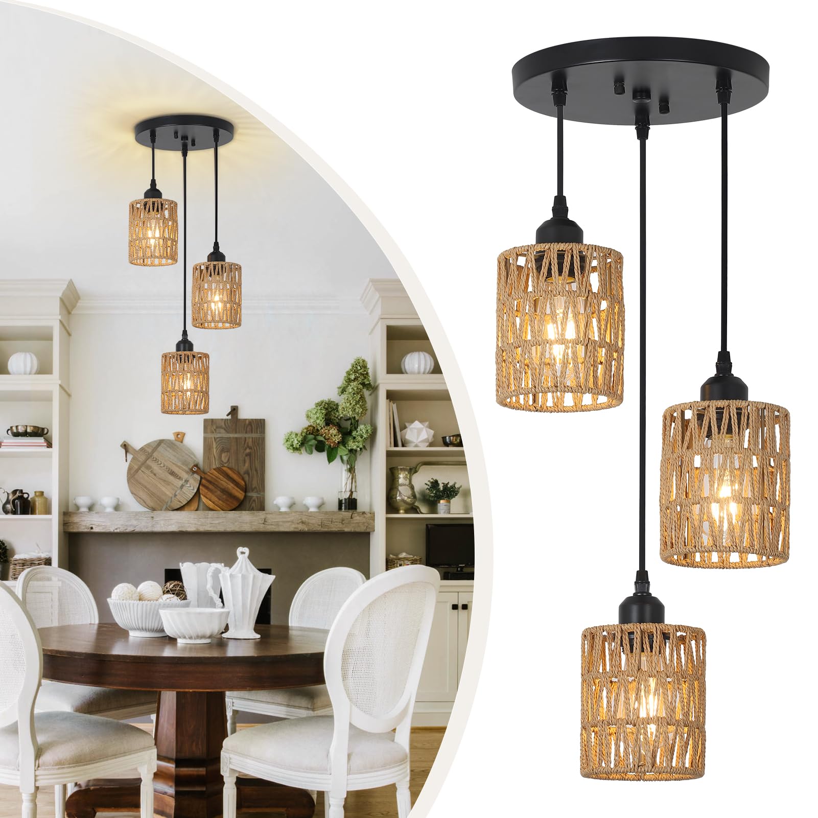 Rattan Pendant Lights, Boho Farmhouse Pendant Lighting with Hand Woven Natural Rattan Shade, Small Wicker Light Fixtures Ceiling Hanging for Dining Room Kitchen Bedroom Foyer Hallway