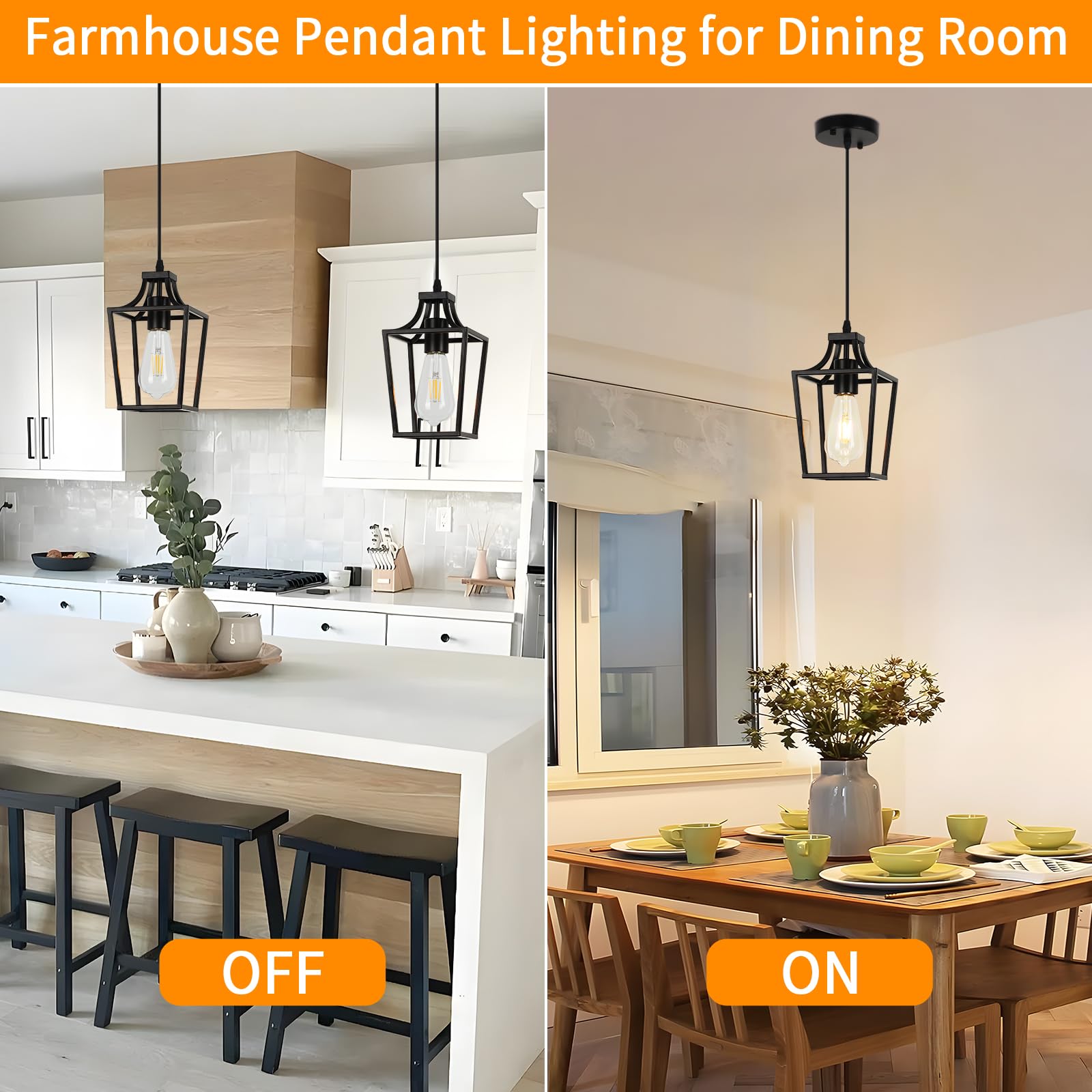 Farmhouse Kitchen Island Lighting Black Pendant Light Fixtures 4-Light Dining Room Lights Wood Chandelier Adjustable Hanging Pendant Lighting for Kitchen Island