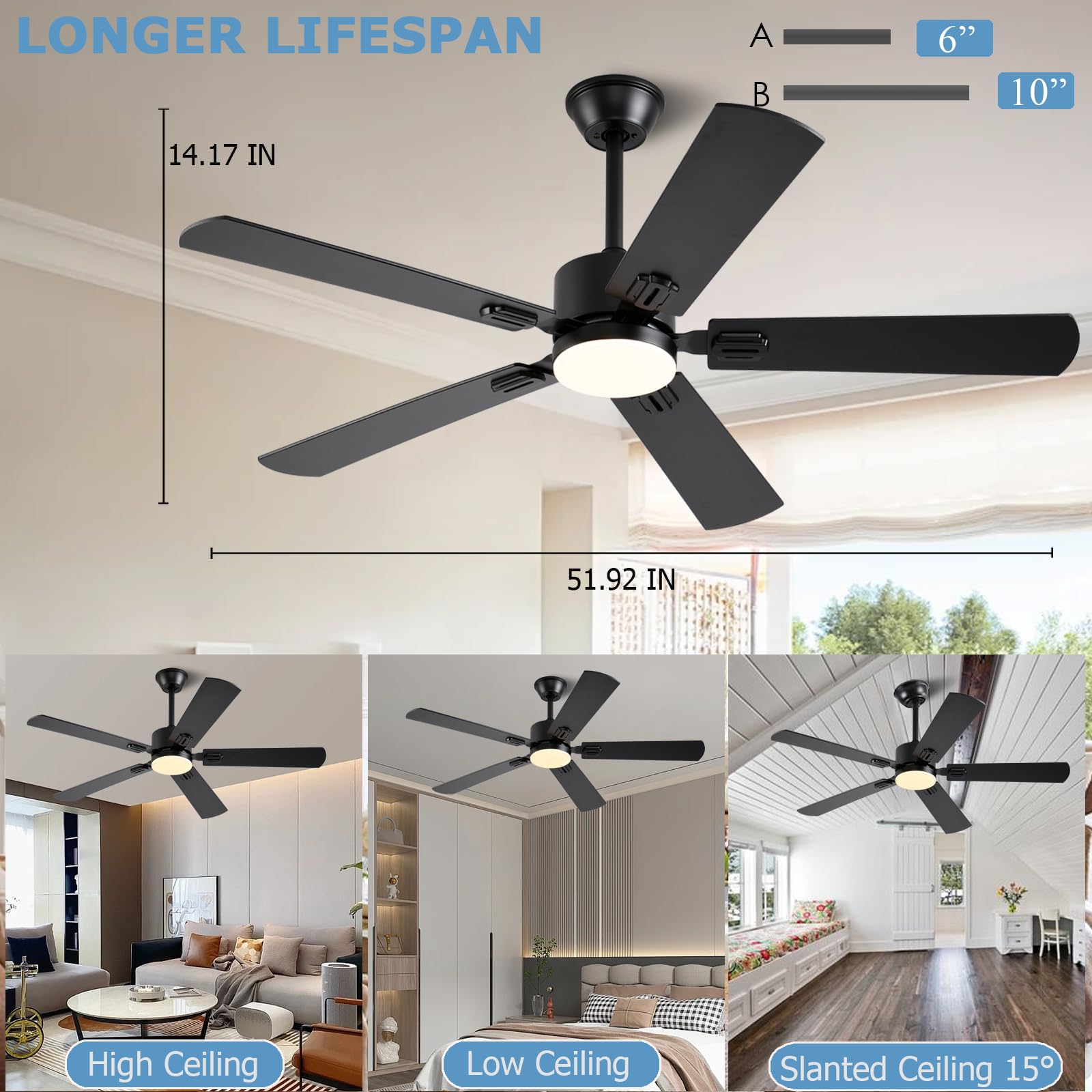 52 inch Modern White Ceiling Fans with Lights APP/Remote Control, Low Profile Reversible 6 Speeds Ceiling Fan Light for Indoor/Outdoor Patio Bedroom Living Room