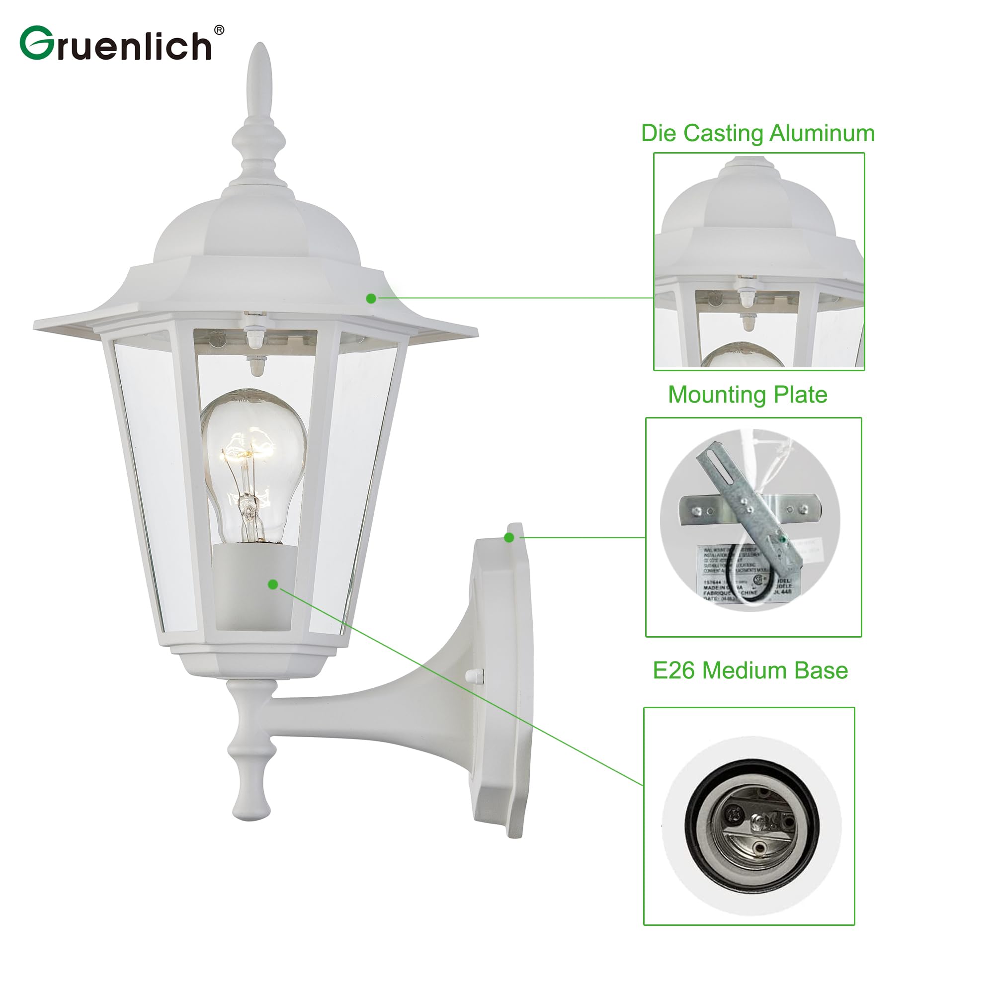 Outdoor Wall Lantern, Wall Sconce as Porch Lighting Fixture with E26 Medium Base, Aluminum Housing Plus Glass, Water-Proof, Bulb Not Included, White Finish, 1 Pack