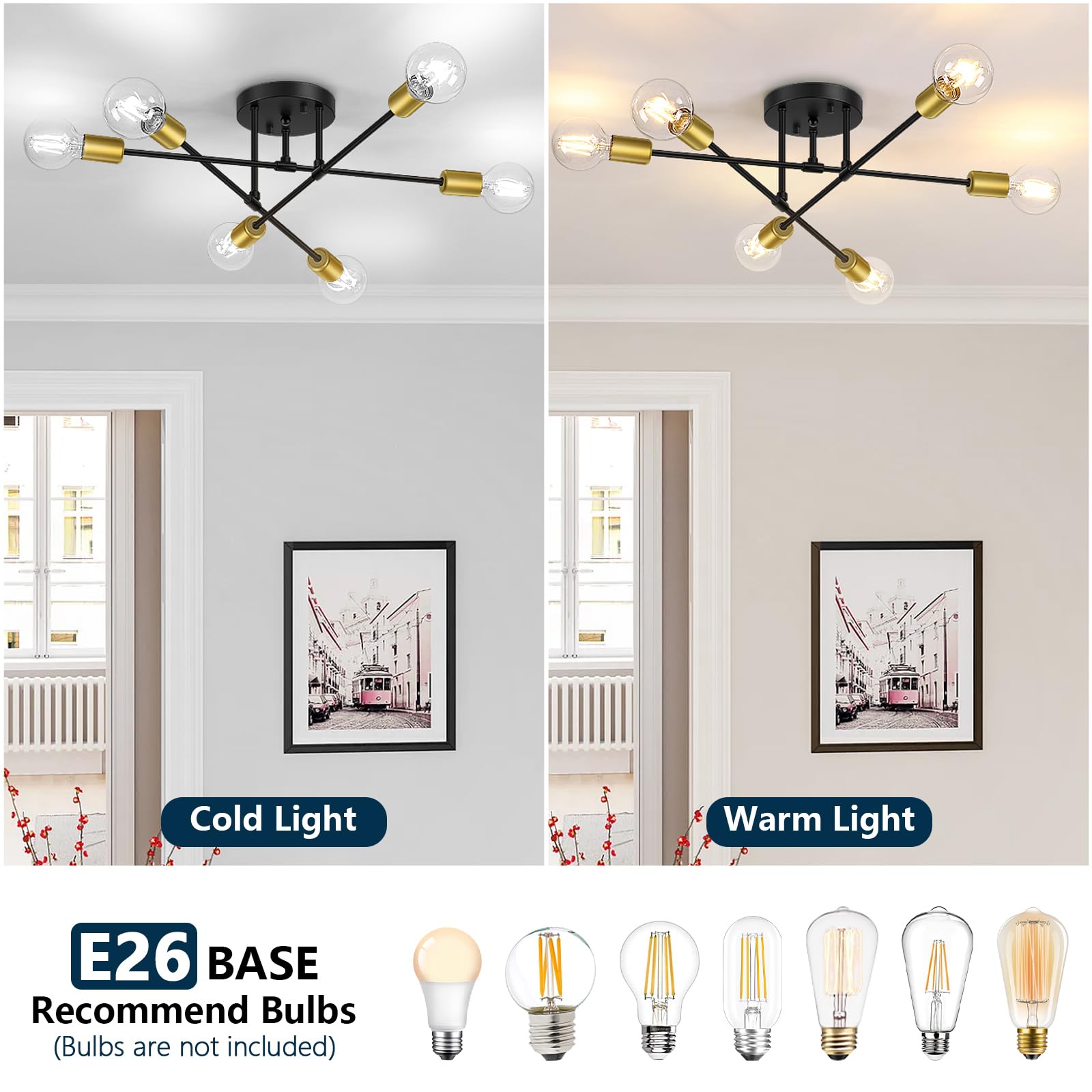 6-Lights Semi Flush Mount Ceiling Light, Mid-Century Modern Black and Gold Sputnik Ceiling Lighting, Industrial Kitchen Light Fixtures Ceiling Mount for Dining Room Hallway Living Room