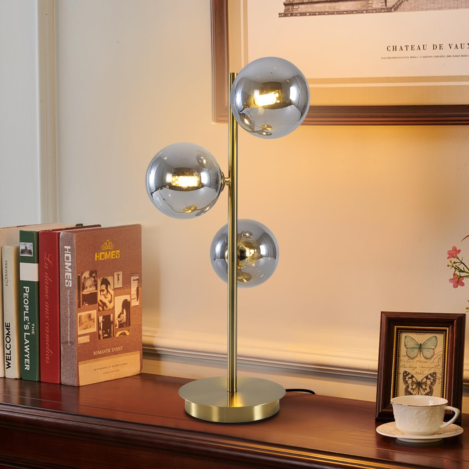 Gold Globe Desk Lamp 3 Lights Mid Century Modern Table Lamp Contemporary Cognac Glass Globe Bedside Lamp for Bedroom Living Room Study Room