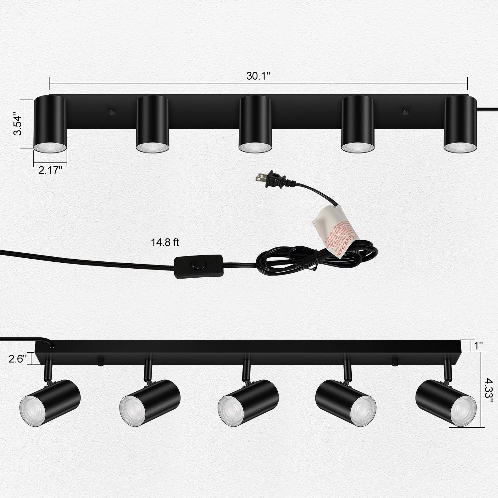 3 Light Track Lighting Kit,Black 3 Way Modern Plug in Ceiling Spotlight,Industrial LED Wall Light for Kitchen Cabinet Gallery Bar Hallway Living Room,Rocker Switch,15 Foot Cord(No Bulb)